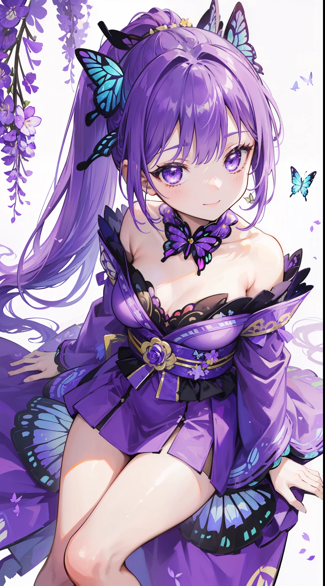 (32k), ((cute girl)), (hight quality), (high-level image quality), (smile), (hight quality wisteria flowers background), (32k background), (wisteria trellis),
(purple short ponytail), (purple eyes), (18 years old), (illustration), (purple light particles), (purple kimono), (purple Japanese clothes), (((from above))), (32k), (beautiful cute girl), (butterfly ornament), (butterfly dress), ((many butterflies)), (((background of many flowers
))), (((bright background))), (beautiful world), (cute world), (smile),