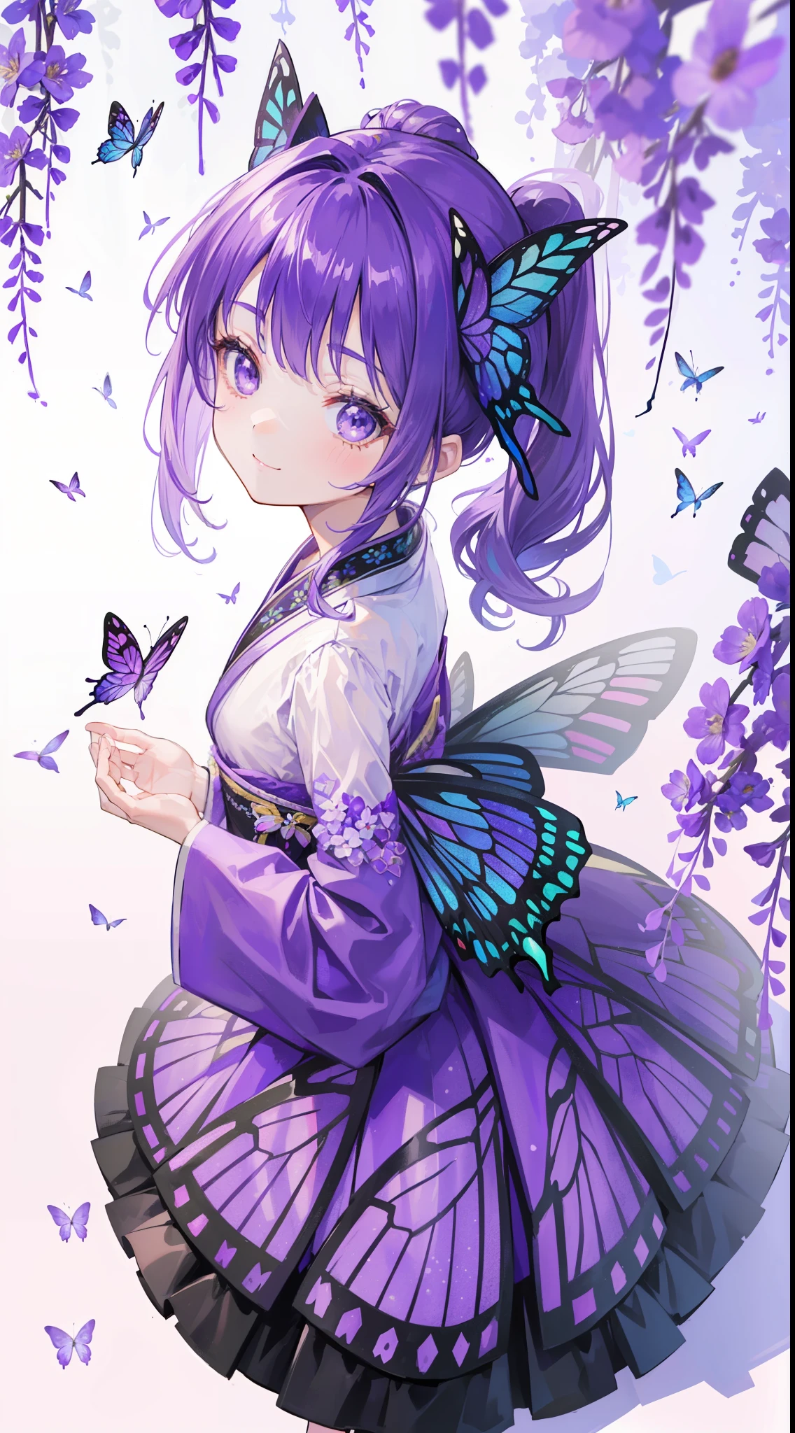 (32k), ((cute girl)), (hight quality), (high-level image quality), (smile), (hight quality wisteria flowers background), (32k background), (wisteria trellis), 
(purple short ponytail), (purple eyes), (18 years old), (illustration), (purple light particles), (purple kimono), (purple Japanese clothes), (((from above))), (32k), (beautiful cute girl), (butterfly ornament), (butterfly dress), ((many butterflies)), (((background of many flowers
))), (((bright background))), (beautiful world), (cute world), (smile), 