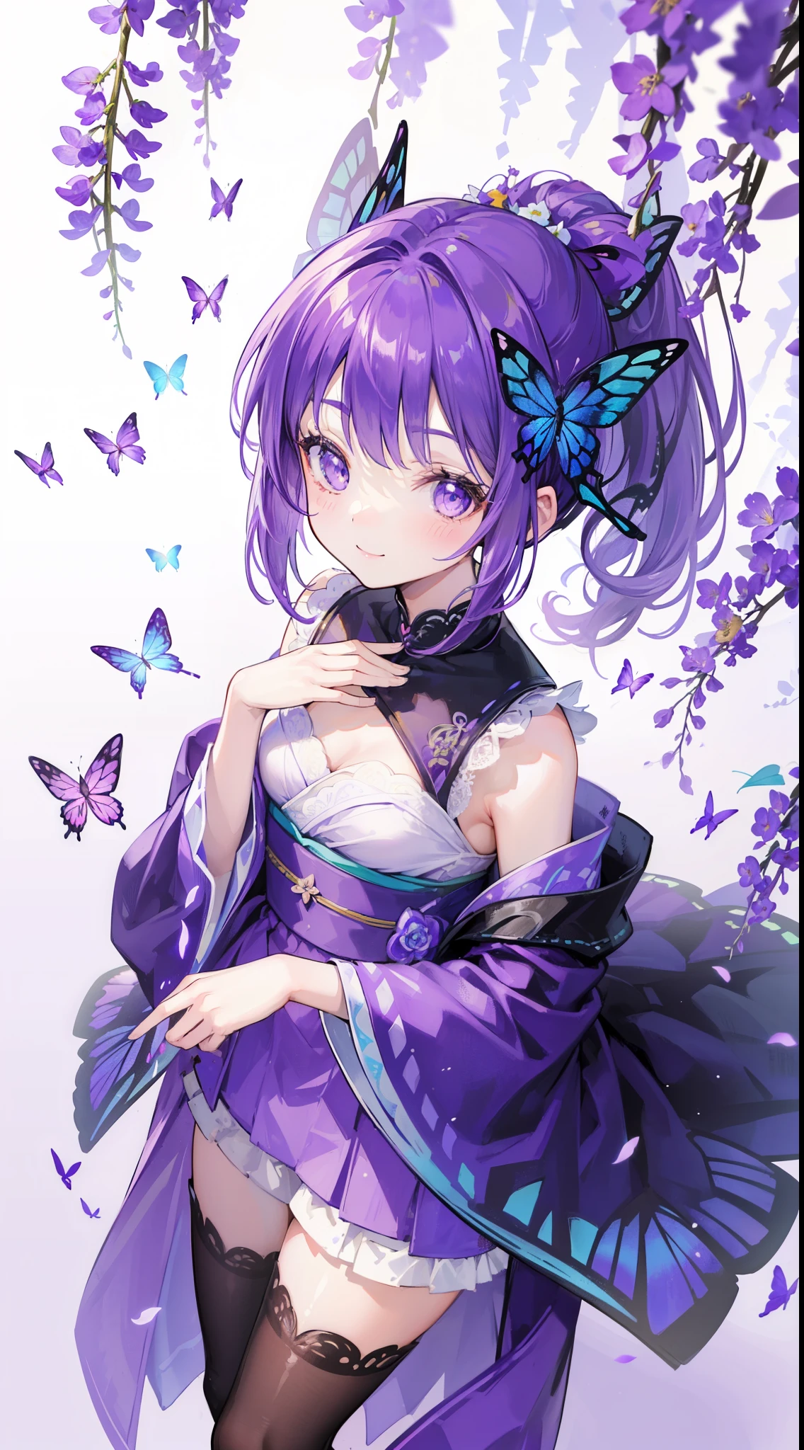 (32k), ((cute girl)), (hight quality), (high-level image quality), (smile), (hight quality wisteria flowers background), (32k background), (wisteria trellis), 
(purple short ponytail), (purple eyes), (18 years old), (illustration), (purple light particles), (purple kimono), (purple Japanese clothes), (((from above))), (32k), (beautiful cute girl), (butterfly ornament), (butterfly dress), ((many butterflies)), (((background of many flowers
))), (((bright background))), (beautiful world), (cute world), (smile), 