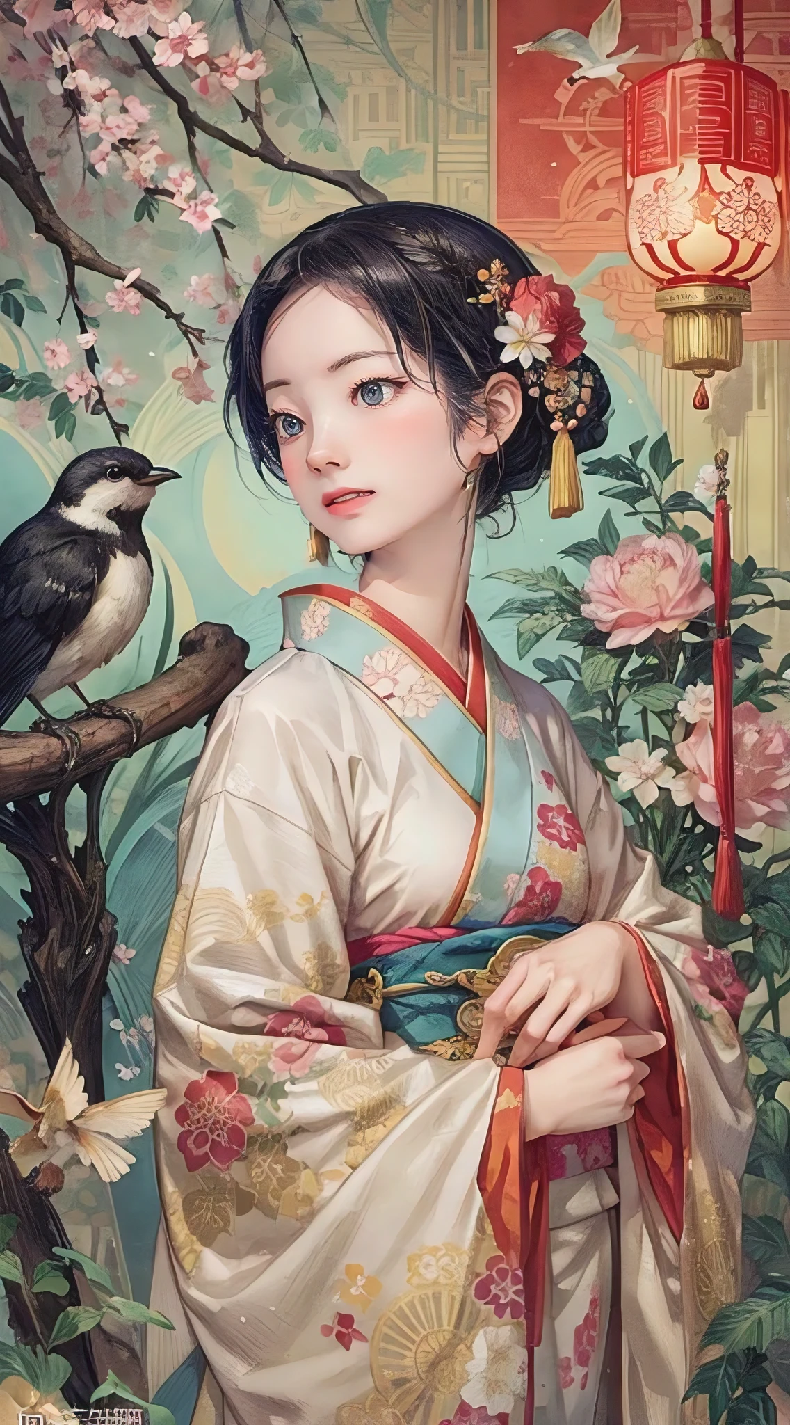 there is a woman in a kimono with a bird on her shoulder, palace , a girl in hanfu, artwork in the style of guweiz, inspired by Fenghua Zhong, tom bagshaw artstyle, exquisite digital illustration, a beautiful artwork illustration, tom bagshaw style, guweiz masterpiece, alphonse mucha and rossdraws