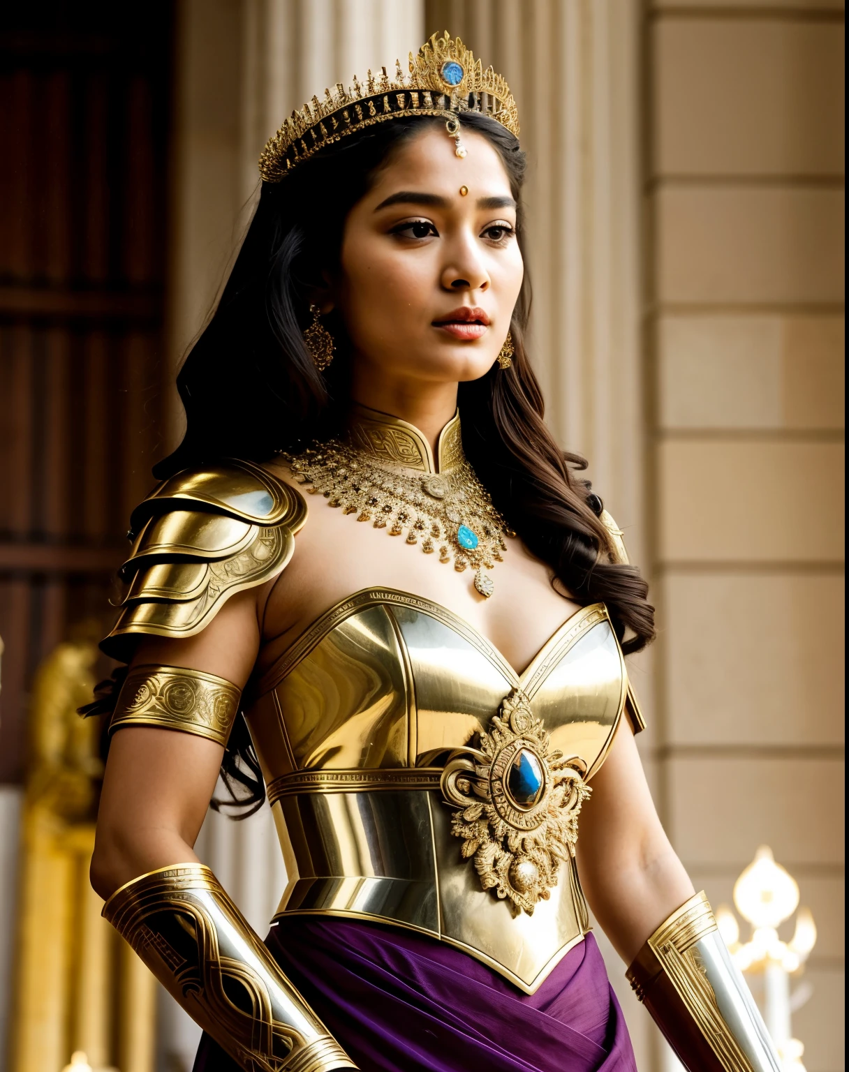 Looks like Amrita Rao, "Design an illustration of a stunning and powerful warrior queen with a regal presence. She should possess a combination of strength and grace. Imagine her in ornate, yet practical armor that complements her figure. The armor should be adorned with intricate details and symbols representing her royal lineage and warrior prowess. Her weapon of choice could be a unique and elegant sword or a mythical weapon that reflects her status as a formidable leader.

Her facial features should exude confidence and determination, with piercing eyes that convey both fierceness and wisdom. The queen's hair, whether long or short, should flow dynamically, hinting at her movement in battle. Consider incorporating elements that emphasize her connection to nature or a mythical realm, such as ethereal backgrounds, symbolic animals, or mystical symbols.

Pay attention to the color palette; use rich, bold colors that enhance her royal aura. Experiment with lighting to highlight specific details and create a sense of drama. Ensure that her posture and expression capture the essence of a queen who commands respect and admiration. Feel free to draw inspiration from historical warrior queens or fictional characters, blending elements to create a unique and captivating image."