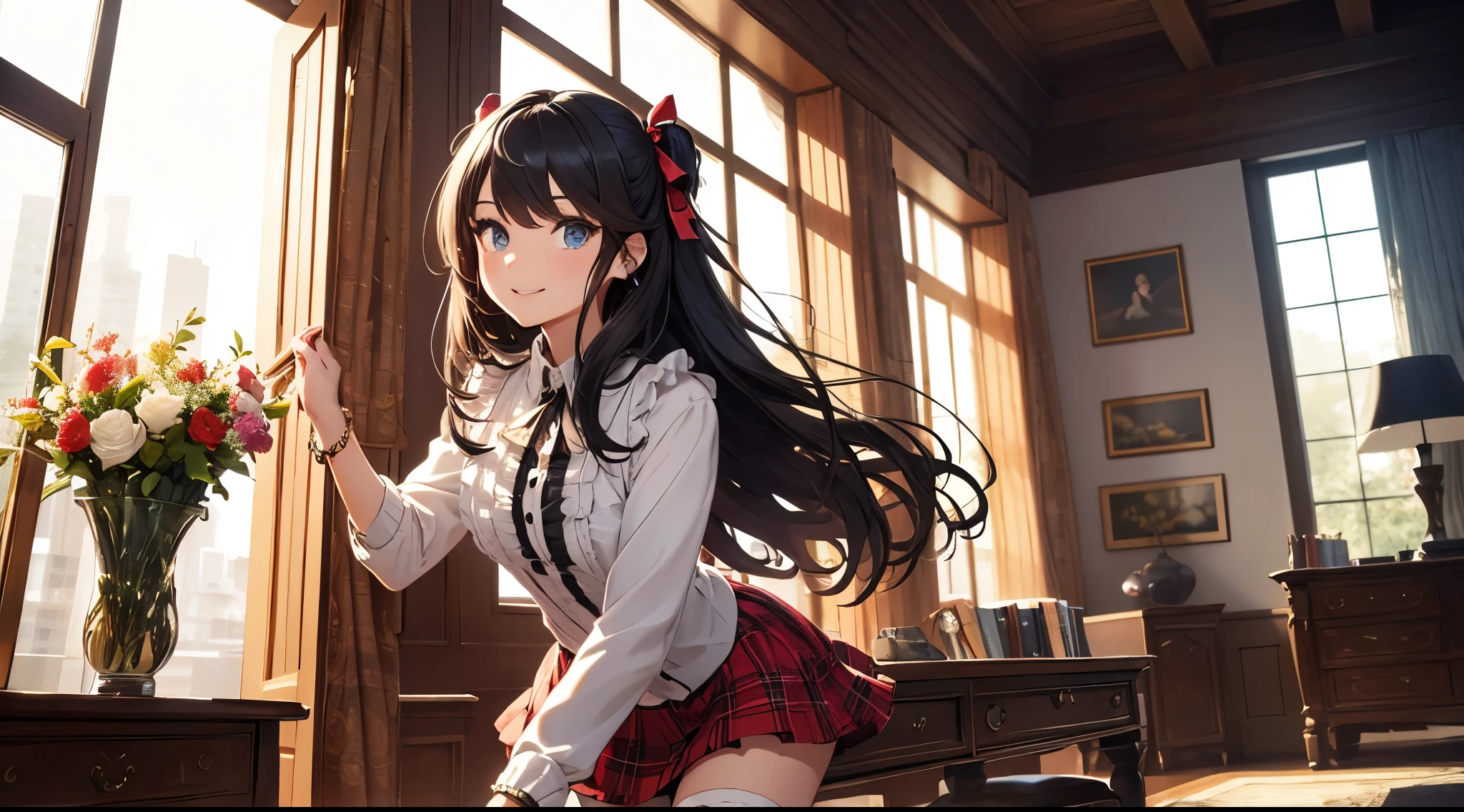 very cute and beautiful girl,(highly detailed beautiful face and eyes:1.2),(smile),(mid shot),
(white blouse with detailed frills),long sleeve BREAK detailed legs,zettai ryouiki,
standing,stylish pose,
dynamic angle,hair ribbon,black hair,hime cut,(scarlet plaid mini skirt)
 BREAK living room,flowers in vase,wooden desk,(bookshelf:0.9),jewelry box,european carpet,distant trees,
(best quality,masterpiece:1.2),(intricate details),highres,1 girl,solo,cinematic scene,hair fluttering in the wind,