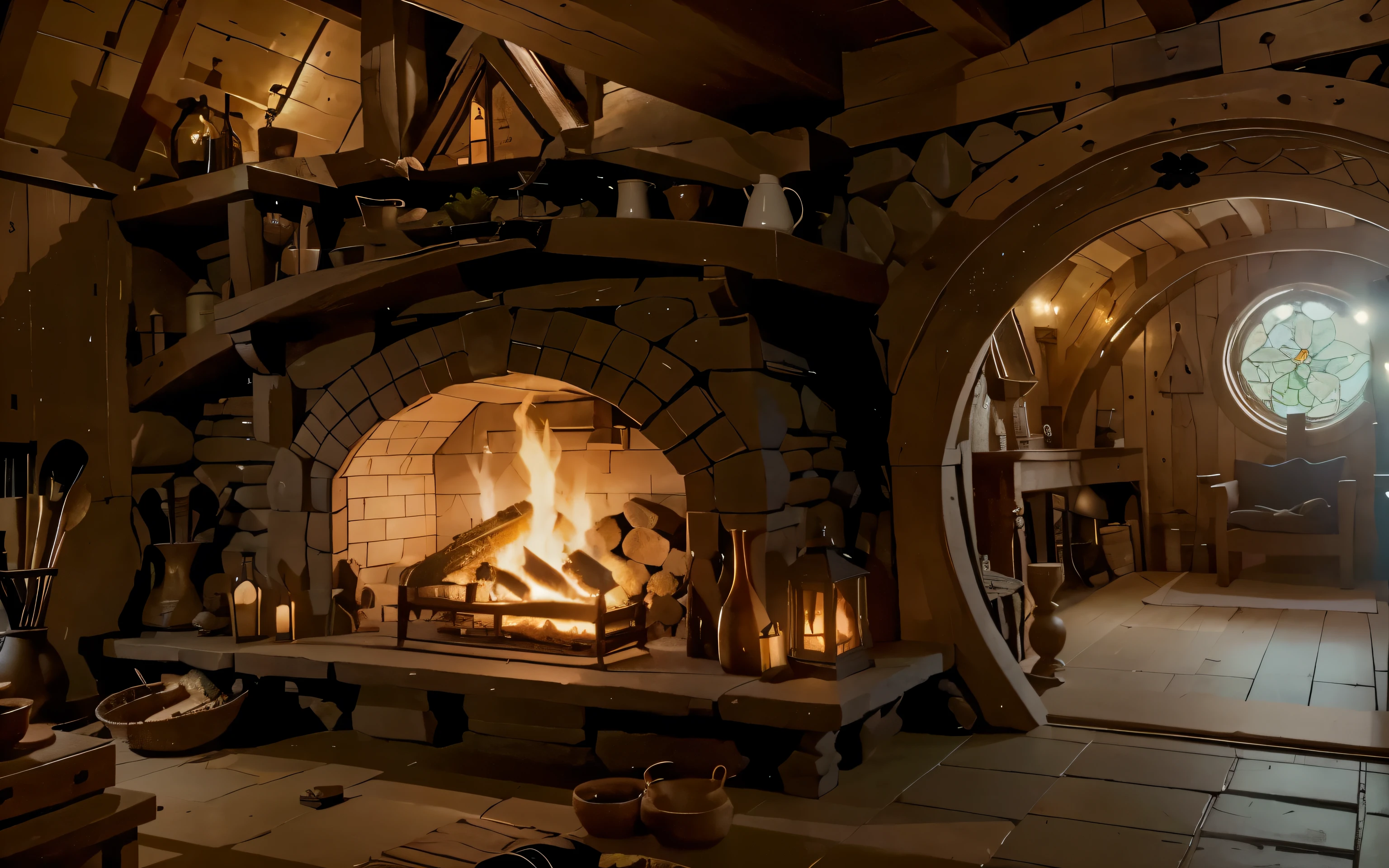 grande lareira na casa de madeira do hobbit. Uma sala cheia de objetos, e no final, um lindo vitral, uma sala de objetos detalhados (do better, mais detalhado)