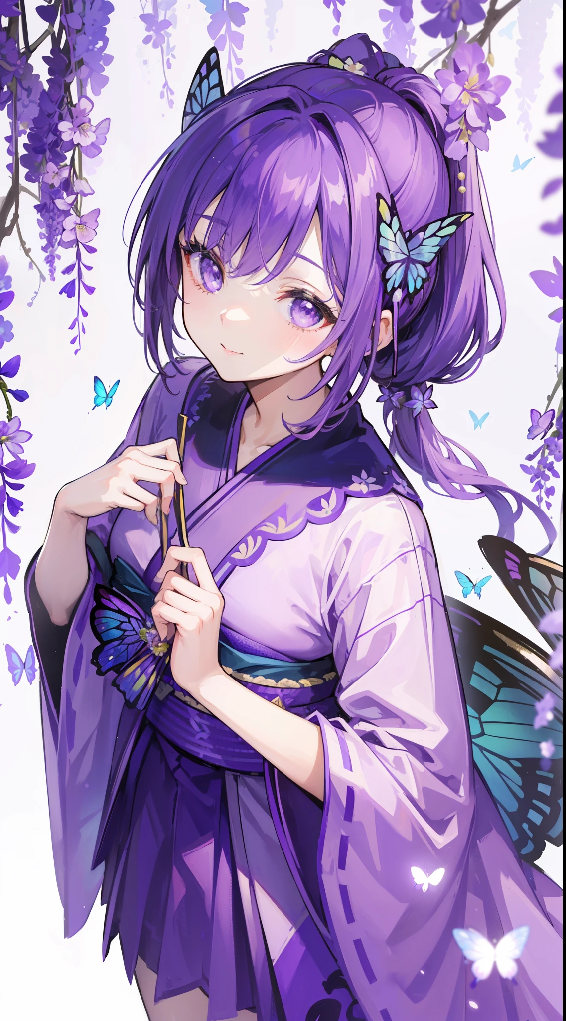 (32k), ((cute girl)), (hight quality), (high-level image quality), (smile), (hight quality wisteria flowers background), (32k background), (wisteria trellis), 
(purple short ponytail), (purple eyes), (18 years old), (illustration), (purple light particles), (purple kimono), (purple Japanese clothes), (((from above))), (32k), (beautiful cute girl), (butterfly ornament), (butterfly dress), ((many butterflies)), (((background of many flowers
))), (((bright background))), (beautiful world), (cute world), (smile), 