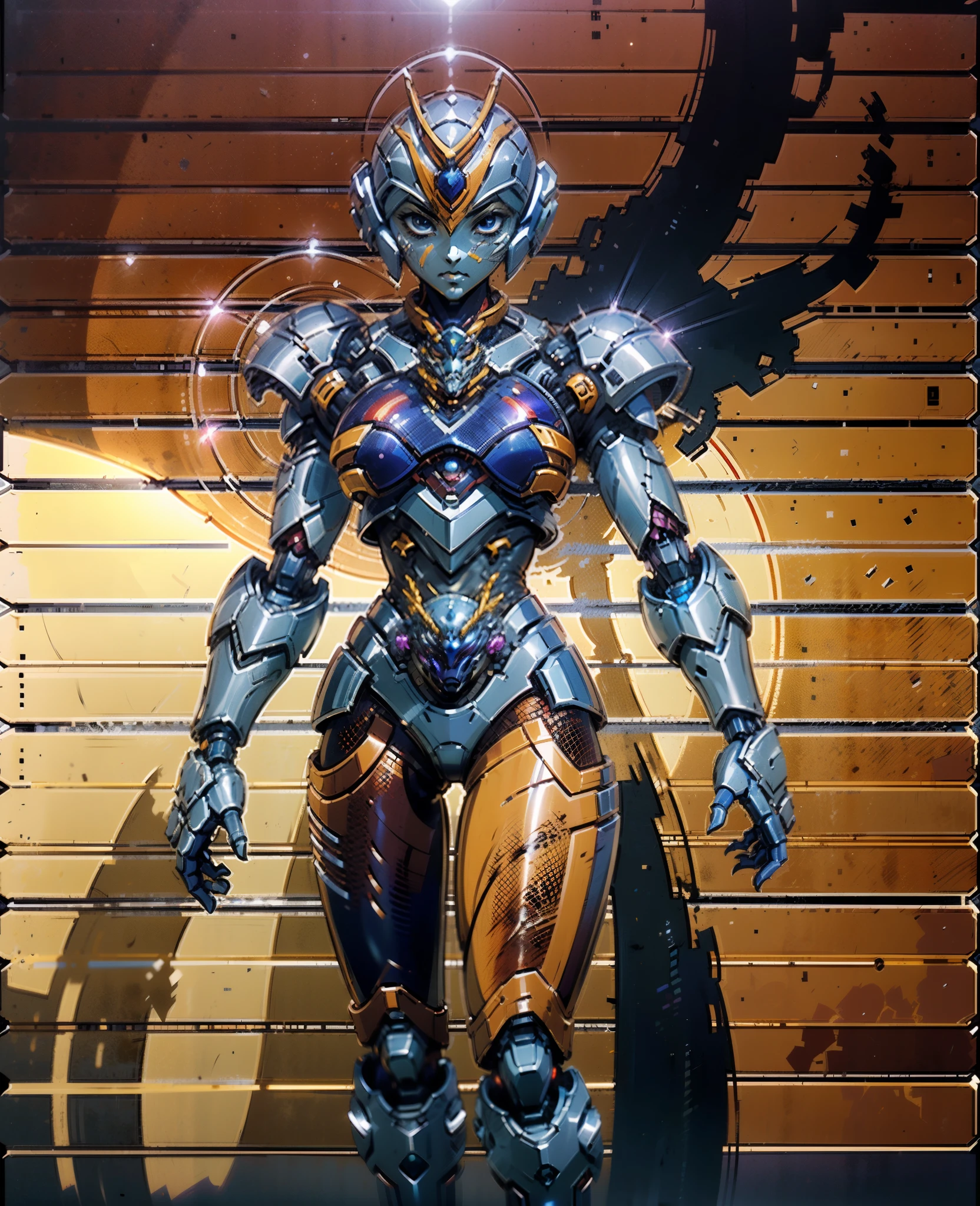 A woman adorned in fantasy-style full-body armor, a crown-concept fully enclosed helmet that unveils only her eyes, a composite layered chest plate, fully encompassing shoulder and hand guards, a lightweight waist armor, form-fitting shin guards, the overall design is heavy-duty yet flexible, (the armor gleams with a golden glow, complemented by red and blue accents), exhibiting a noble aura, she floats above a fantasy-surreal high-tech city, this character embodies a finely crafted fantasy-surreal style armored hero in anime style, exquisite and mature manga art style, (Queen Bee Concept Armor, blood), ((plasma, bio mecha, long legs, elegant, goddess, femminine:1.5)), metallic, high definition, best quality, highres, ultra-detailed, ultra-fine painting, extremely delicate, professional, anatomically correct, symmetrical face, extremely detailed eyes and face, high quality eyes, creativity, RAW photo, UHD, 32k, Natural light, cinematic lighting, masterpiece-anatomy-perfect, masterpiece:1.5