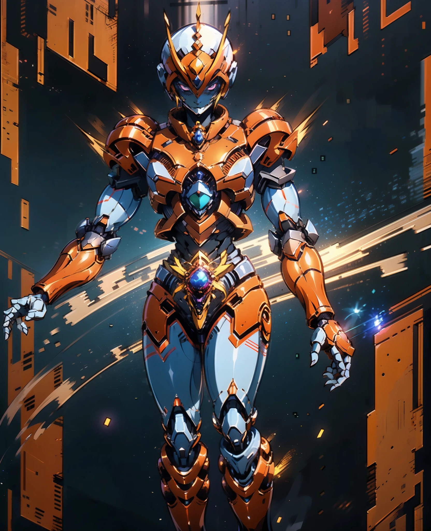 A woman adorned in fantasy-style full-body armor, a crown-concept fully enclosed helmet that unveils only her eyes, a composite layered chest plate, fully encompassing shoulder and hand guards, a lightweight waist armor, form-fitting shin guards, the overall design is heavy-duty yet flexible, (the armor gleams with a golden glow, complemented by red and blue accents), exhibiting a noble aura, she floats above a fantasy-surreal high-tech city, this character embodies a finely crafted fantasy-surreal style armored hero in anime style, exquisite and mature manga art style, (Queen Bee Concept Armor, blood), ((plasma, bio mecha, long legs, elegant, goddess, femminine:1.5)), metallic, high definition, best quality, highres, ultra-detailed, ultra-fine painting, extremely delicate, professional, anatomically correct, symmetrical face, extremely detailed eyes and face, high quality eyes, creativity, RAW photo, UHD, 32k, Natural light, cinematic lighting, masterpiece-anatomy-perfect, masterpiece:1.5