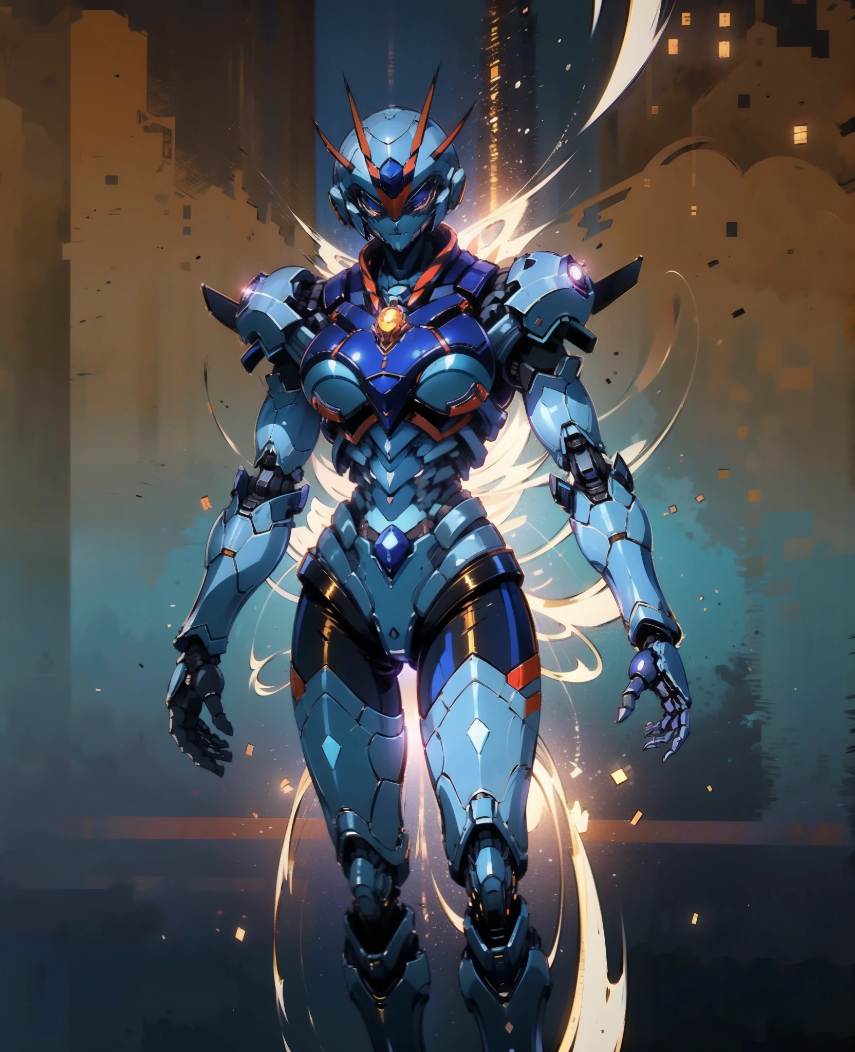 A woman adorned in fantasy-style full-body armor, a crown-concept fully enclosed helmet that unveils only her eyes, a composite layered chest plate, fully encompassing shoulder and hand guards, a lightweight waist armor, form-fitting shin guards, the overall design is heavy-duty yet flexible, (the armor gleams with a golden glow, complemented by red and blue accents), exhibiting a noble aura, she floats above a fantasy-surreal high-tech city, this character embodies a finely crafted fantasy-surreal style armored hero in anime style, exquisite and mature manga art style, (Queen Bee Concept Armor, blood), ((plasma, bio mecha, long legs, elegant, goddess, femminine:1.5)), metallic, high definition, best quality, highres, ultra-detailed, ultra-fine painting, extremely delicate, professional, anatomically correct, symmetrical face, extremely detailed eyes and face, high quality eyes, creativity, RAW photo, UHD, 32k, Natural light, cinematic lighting, masterpiece-anatomy-perfect, masterpiece:1.5