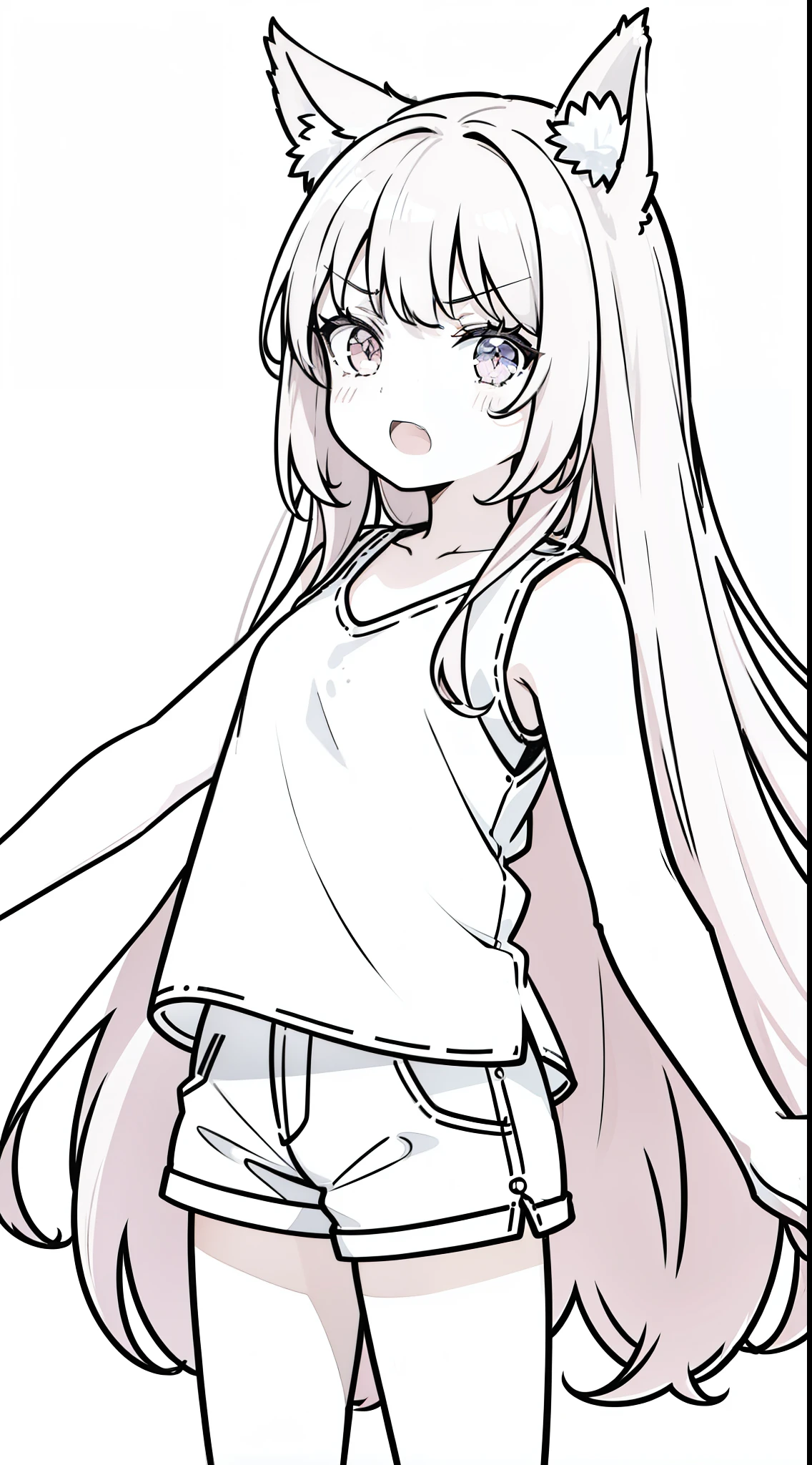 (1girl,),solo,angry,pinkhair,long hair,wolf ears,white shirt,sleeveless,black shorts,cowboy shot,(white background,line drawing),open mouth,