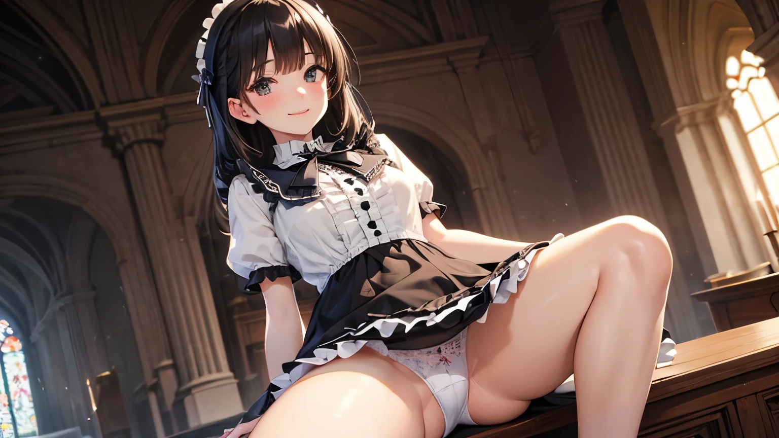 very cute and beautiful girl,(highly detailed beautiful face), (smile),blush,black hair,looking at viewer,(floral pattern brown lolita dress with detailed frills),detailed lace, sitting,(spread legs),arms behind back,(white panties), altar,church,indoors, (best quality,masterpiece:1.2),absurdres,highres,ultra-detailed,extremely detailed,32k,8k resolution, intricate details,cinematic scene,detailed background,solo,dynamic angle,perfect hands,