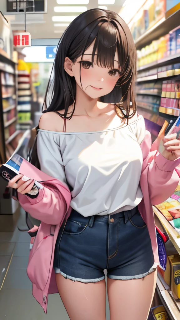 (8K, highest quality, masterpiece、highest quality:1.0), (ultra high resolution、detailed person、detailed background、background bokeh、detailed face), Off-shoulder thin super long T-shirt、I don't wear underneath、Standing in line at the cash register、shopping、A woman who came to buy condoms、In front of the cash register、Pov, embarrassed face、blush、looking down、Waiting for wallet and box of condoms、Cashier counter、buy canned beer and condoms、Drug store、General Store、convenience store、beautiful thighs、(sweat,steam),