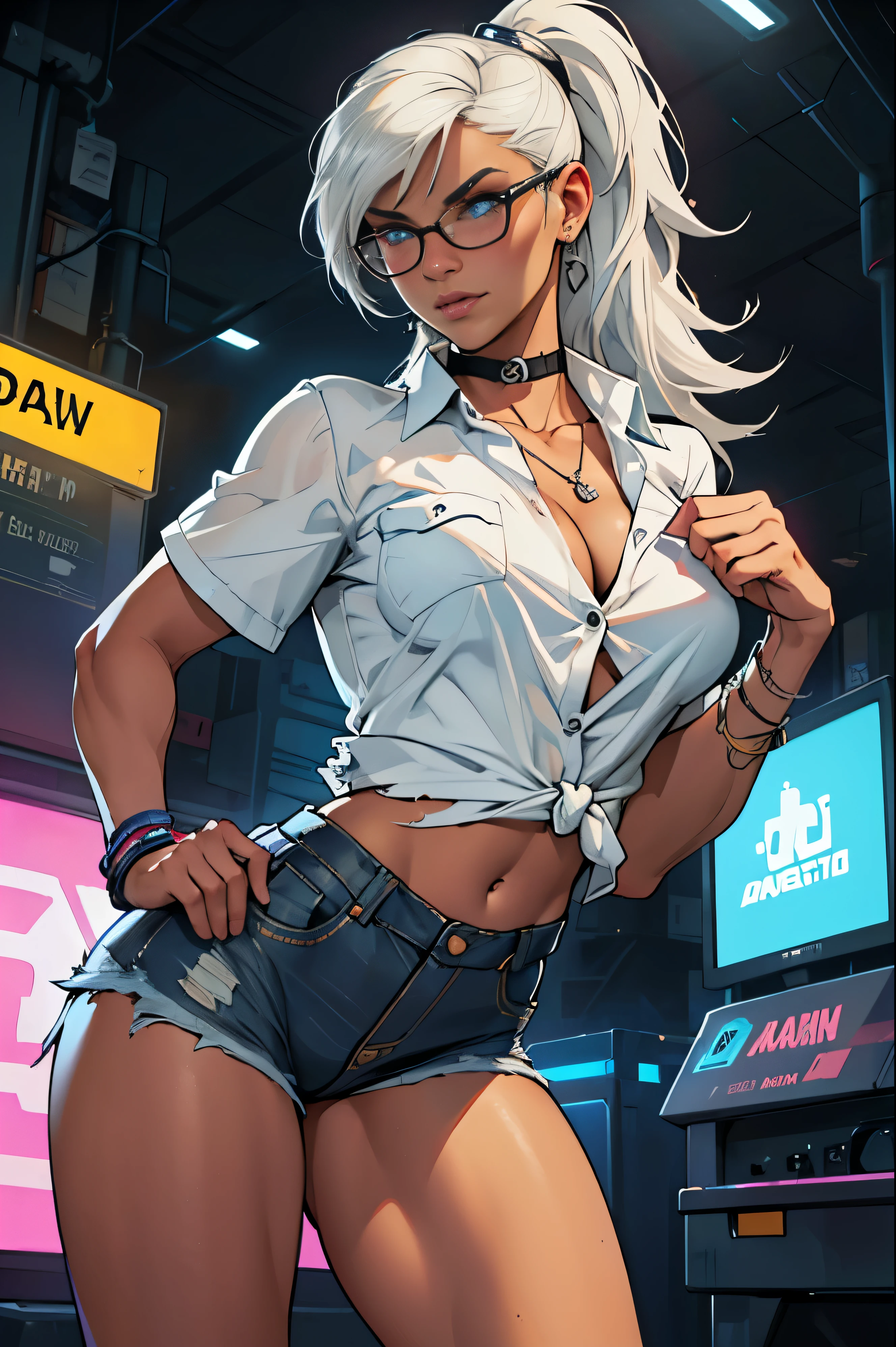 Cinematic neon lights, dancing, (wears a white shirt with 3 buttons unbuttoned), (torn jeans). (tan skin), (white hair), (blue eyes), (photorealistic), (masterpiece), (high quality), perfect face, perfect body, horny, (perfect ass), perfect breast, perfect hands, perfect legs, perfect skin, perfect hair, athletic body, ((detailed face and eyes)), (( random pose and position)), dark black background gta 6 style, mia khalifa, ariana grande in gta v, gta 6 gameplay, gta vi, gta 5 skin tone, gta 6, as the protagonist of gta 5, highly detailed giantess shot, gta character, gta 6 leak, as a character from gtav