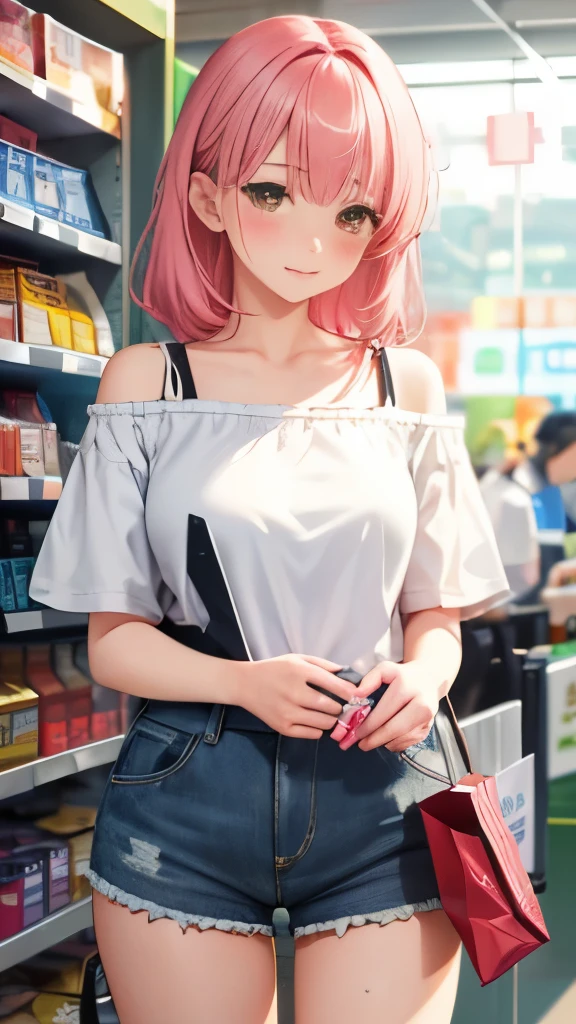 (8K, highest quality, masterpiece、highest quality:1.0), (ultra high resolution、detailed person、detailed background、background bokeh、detailed face), Off-shoulder thin super long T-shirt、I don't wear underneath、Standing in line at the cash register、shopping、A woman who came to buy condoms、In front of the cash register、Pov, embarrassed face、blush、looking down、Waiting for wallet and box of condoms、Cashier counter、buy canned beer and condoms、Drug store、General Store、convenience store、beautiful thighs、(sweat,steam),