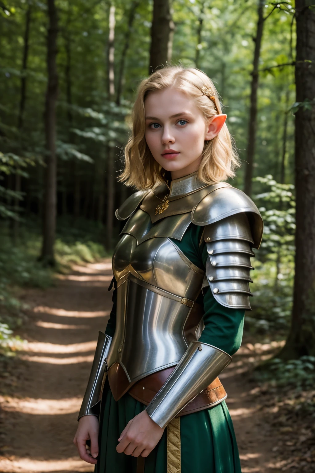 ((best quality)), ((masterpiece)), (detailed), perfect face, 1Girl, (Russian Model, Elf), Short blonde hair, Beautiful, wearing medieval light armor, in a forest, (looking at pov)