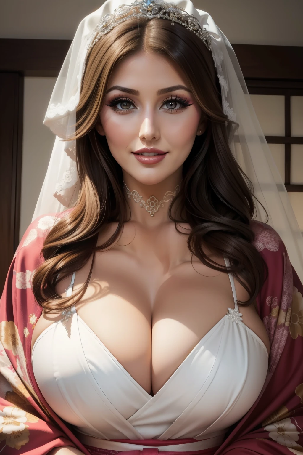 Lucy Pinder, smiling, bride, bright lipstick, neckline, voluptuous, Kimono, ((Very intense makeup))