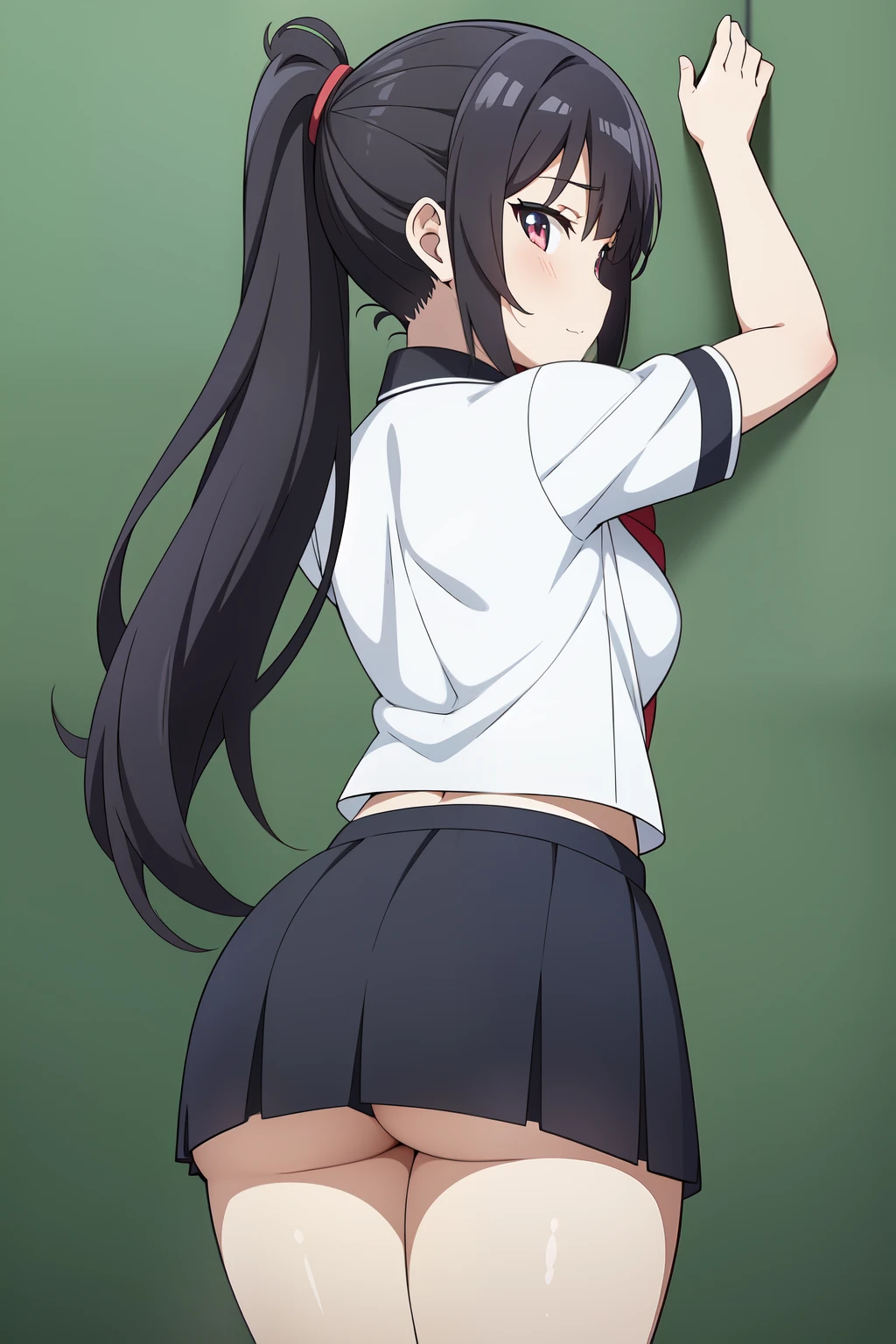 some animated video art of a sexy asian woman with chinese writing on her butt, 1girl, solo, ass, body writing, ponytail, school uniform, from behind, white background, simple background, facing away,KelvinHiu,chubby girl, plump, chubby, curvy, big belly, 