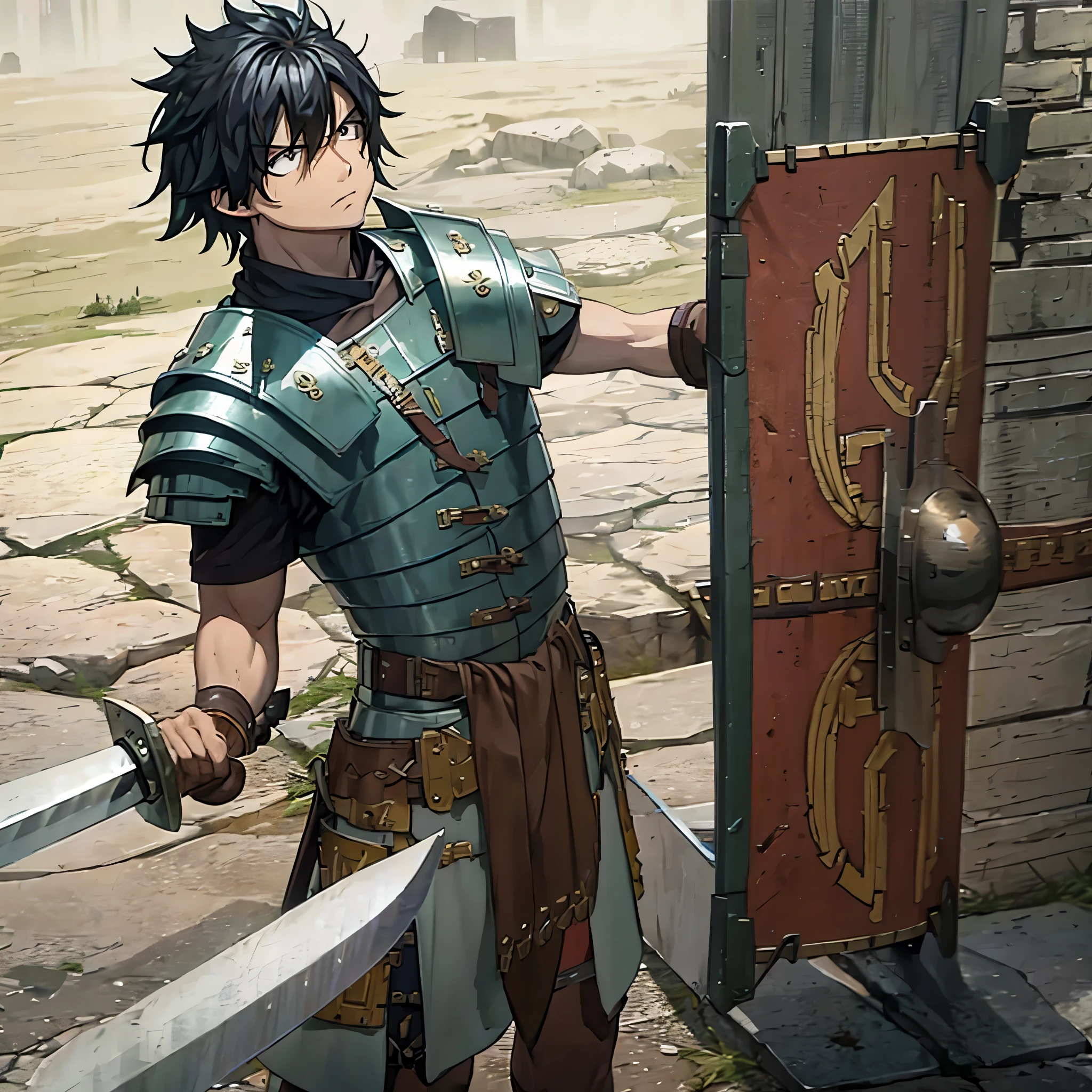 a man wearing armor, holding sword in his right hand and a shield in his left hand, on a Roman training ground, hair black, body postured
