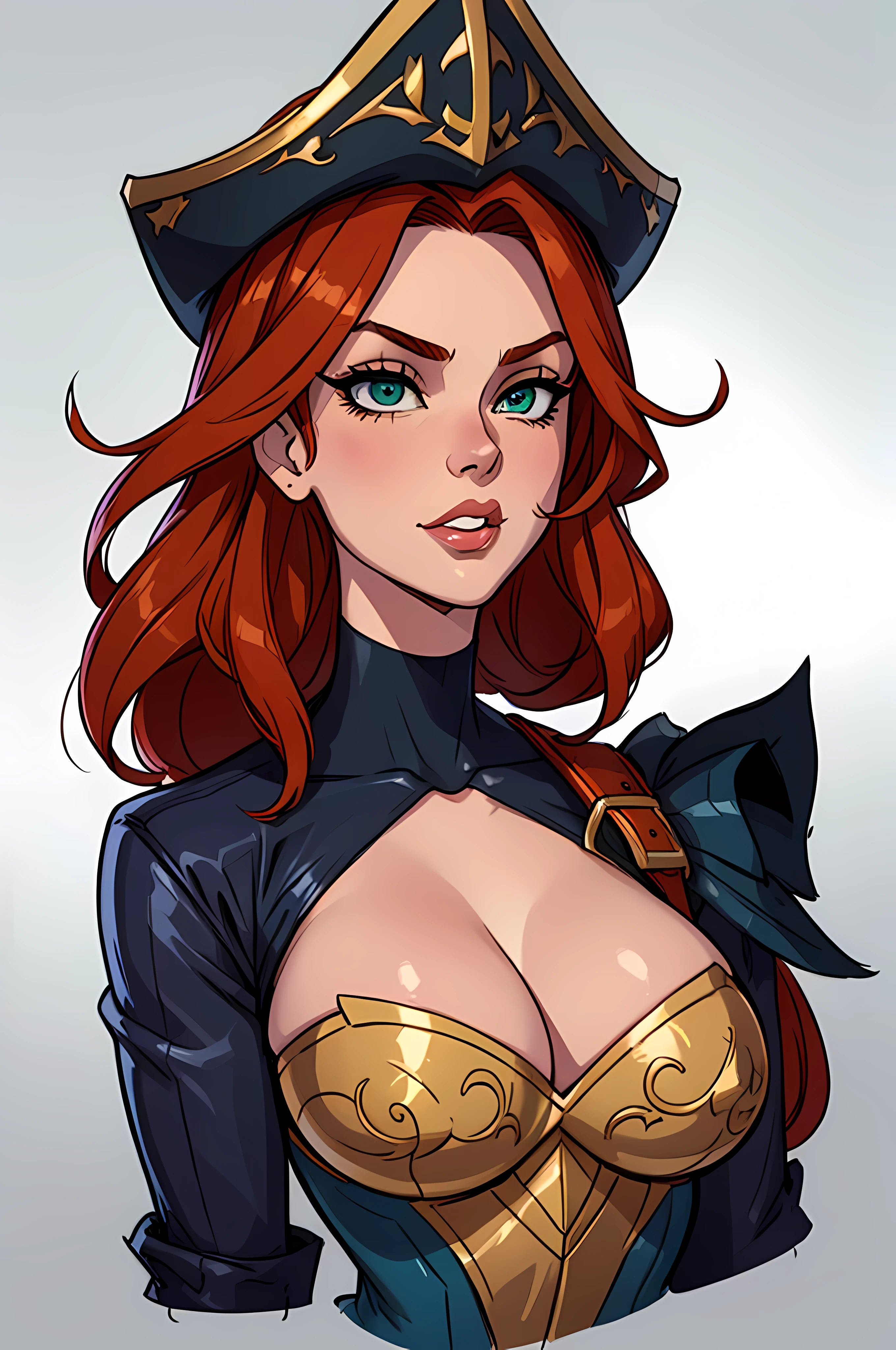 masterpiece, best quality, beautiful, portrait, close up face, miss fortune, pirate, redhead, green eyes