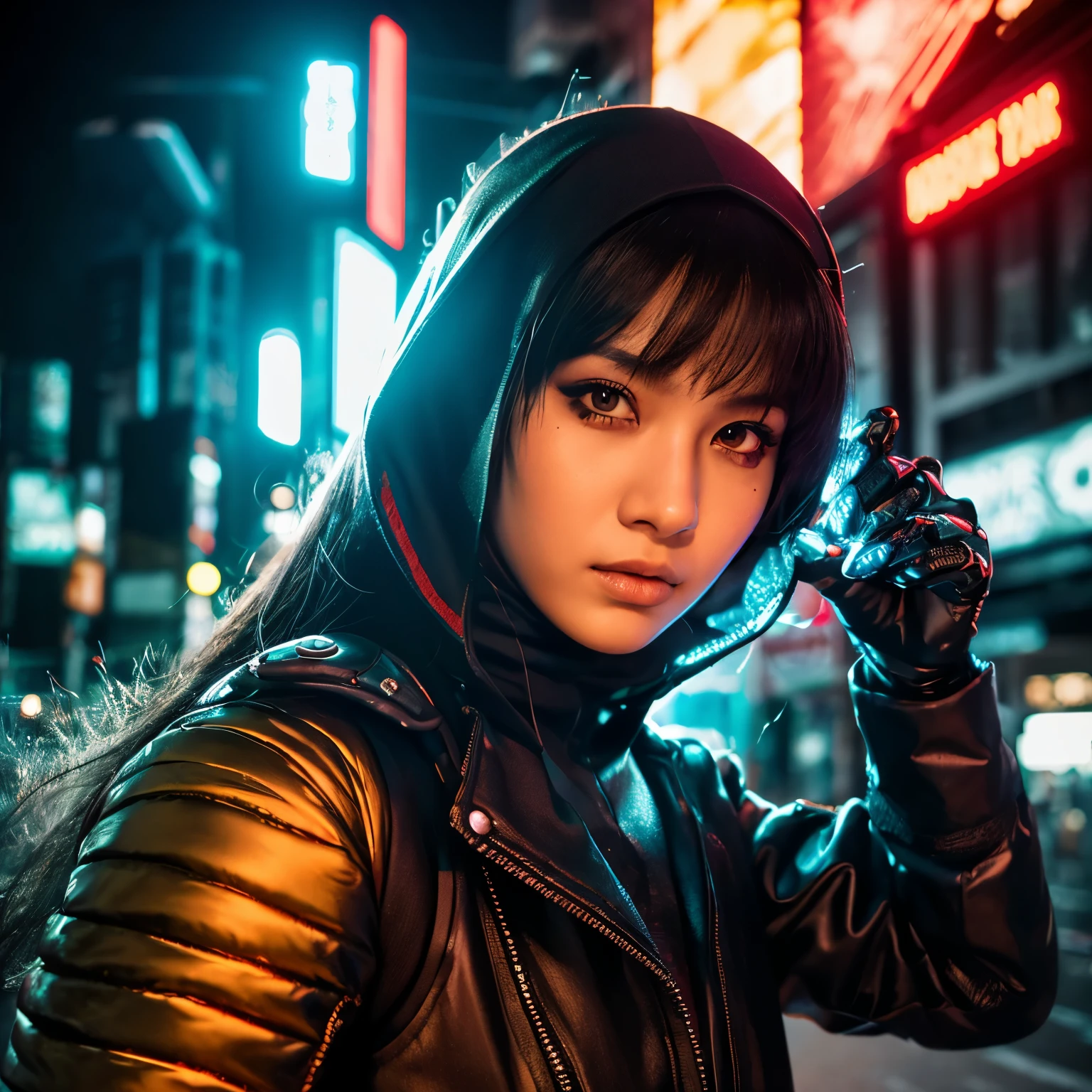 (best quality,highres,masterpiece:1.2),ultra-detailed,realistic,portrait,girl,-yeld,deted eyes and face,hijab,cyberpunk clothing,fighting,detailed dragon,
indonesian girl,strong pose,urban background,neon lights,fiery breath,vibrant colors,sharp focus,gritty texture,illustration style,high contrast,unconventional fashion,electric atmosphere,rebellious spirit,cybernetic enhancements,sword fighting, intense action,bold makeup