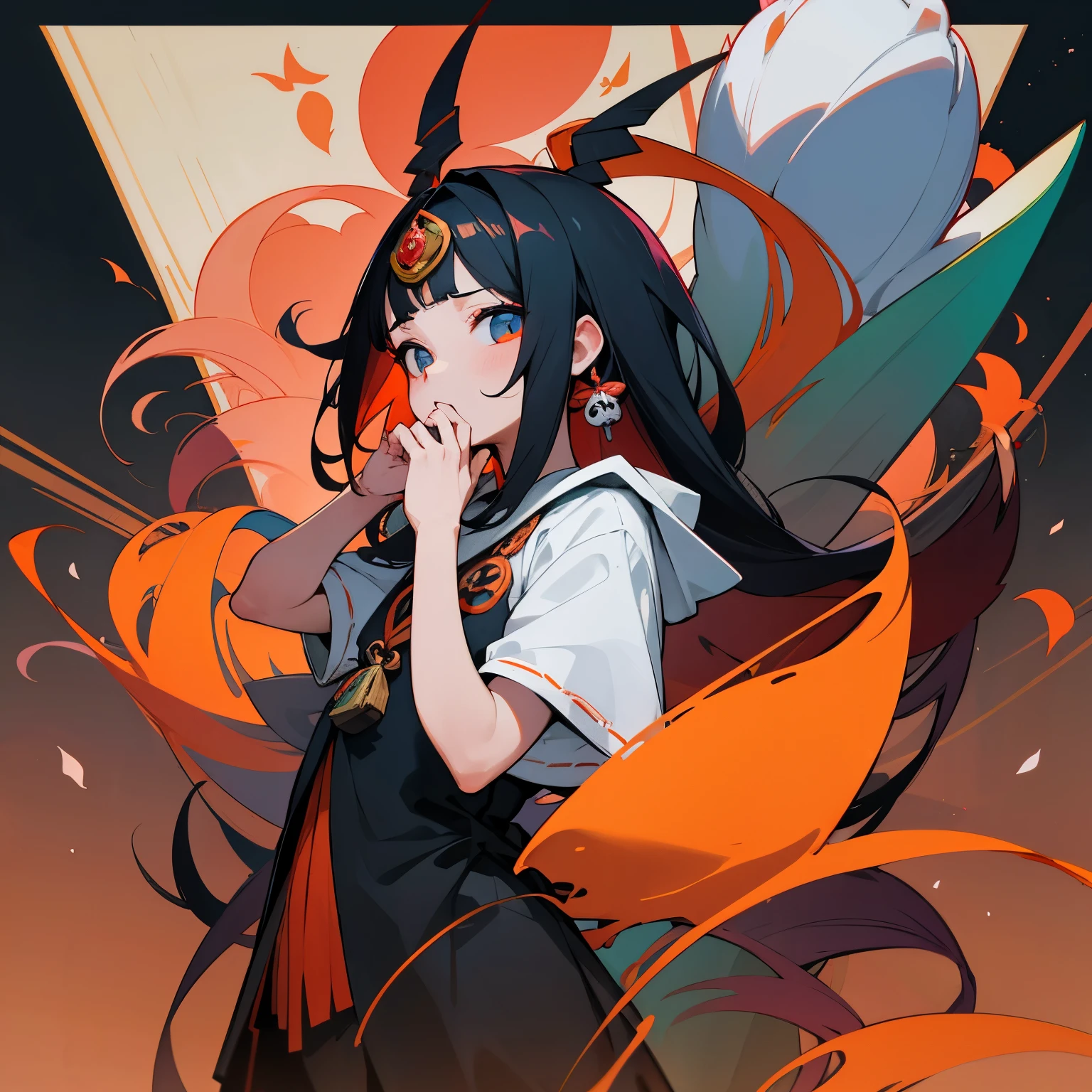 Seorang gadis anime, berambut pendek yang diikat, warna rambutnya biru terang, mata nya berwarna ungu, memakai satu tindik telinga, memakai pakaian polisi, di pakaian ada tulisan"EMI", ekspresi serius. Dan satu gadis berada di samping, rambut pendek, berwarna putih, mata berwarna hijau, memakai pakaian Hoodie, di hoodie bertuliskan "SHANNY", ekspresi tersenyum. Berada di konser yang ramai, pada waktu malam hari, saling menunjuk satu sama lain.
