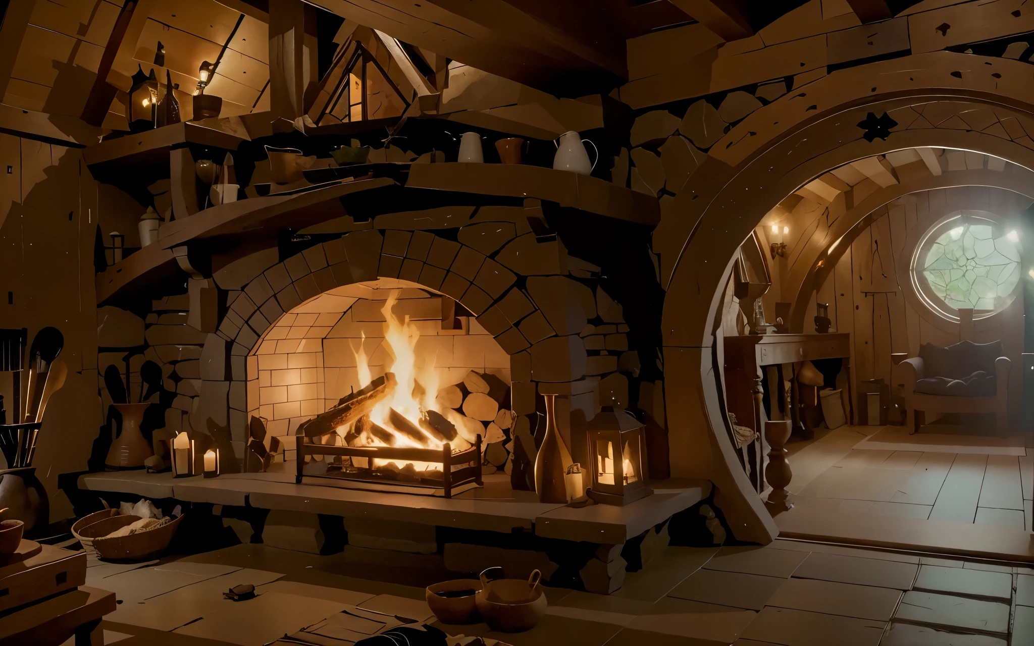 grande lareira na casa de madeira do hobbit. Uma sala cheia de objetos, e no final, um lindo vitral, uma sala de objetos detalhados (do better, mais detalhado)