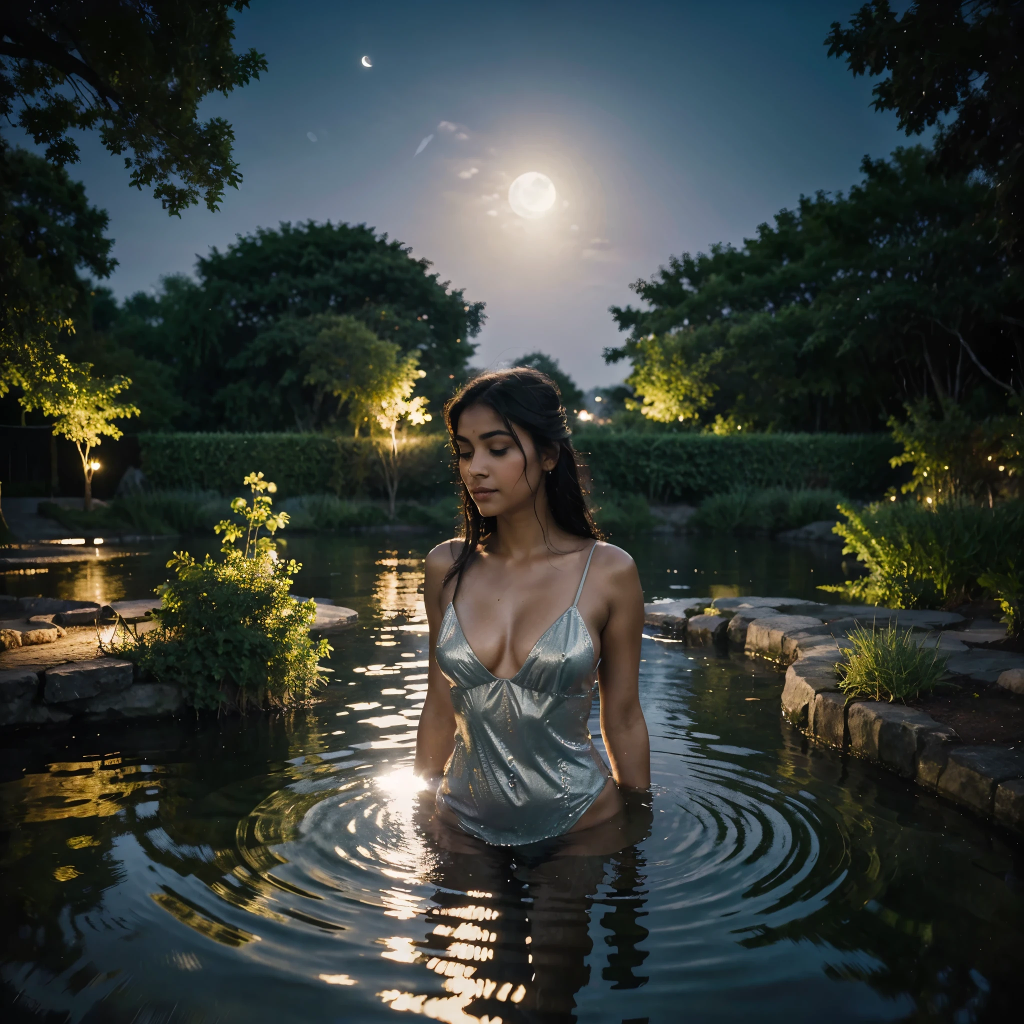 Craft a photorealistic image capturing a serene moment of a beautiful Indian woman standing in a pond during nighttime, illuminated solely by the moonlight behind her. The scene focuses on her from the bust upwards as she emerges from the water, embodying a sense of tranquility and mystique. There are trees in the background with colourful flowers and fruits.
The moon's soft glow should cast a delicate light on her features, highlighting her face and the contours of her shoulders, while the surrounding darkness enhances the intimate and peaceful atmosphere of the setting. The water's surface, slightly rippled, reflects the moonlight, adding a subtle, shimmering texture to the composition. This image should evoke feelings of calmness and reflection, capturing a timeless moment of natural beauty and serenity. Pay close attention to the interplay of light and shadow on her skin, the reflective qualities of the water, and the overall mood conveyed by the moonlit scene.