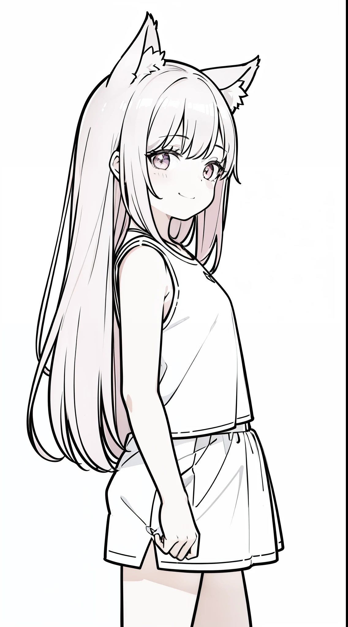 (1girl,),solo,pinkhair,long hair,wolf ears,white shirt,sleeveless,black shorts,cowboy shot,(white background,line drawing),looking away,(from side),walking,smile