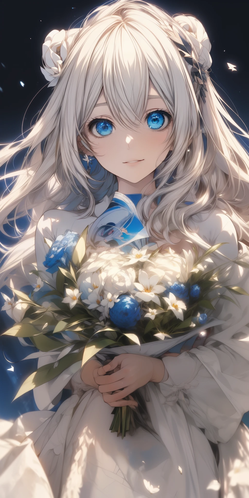 anime chica con pelo blanco and blue eyes holding a bouquet of flowers, pelo blanco deity, arte de anime digital detallado, chica con pelo blanco, pelo blanco lady, fondo de pantalla de arte anime 8 k, guweiz en pixiv artstation, Fondo de pantalla de arte anime 4K, Fondo de pantalla de arte anime 4k, Fondo de pantalla manga 4k, Brillantes ojos azules, pelo blanco, Fondo de pantalla animado 4K