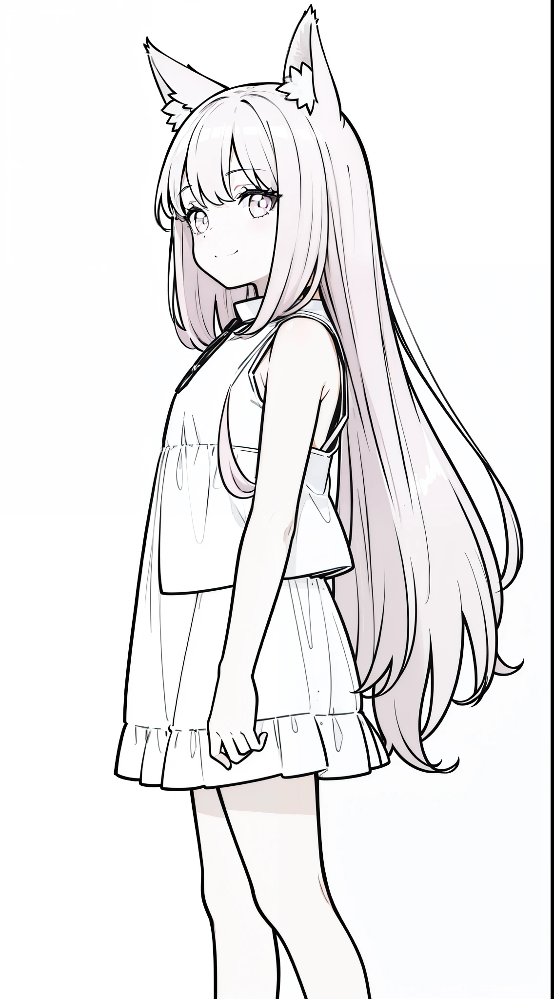 (1girl,),solo,pinkhair,long hair,wolf ears,white shirt,sleeveless,black shorts,(white background,line drawing),(looking away),(from side),walking,smile