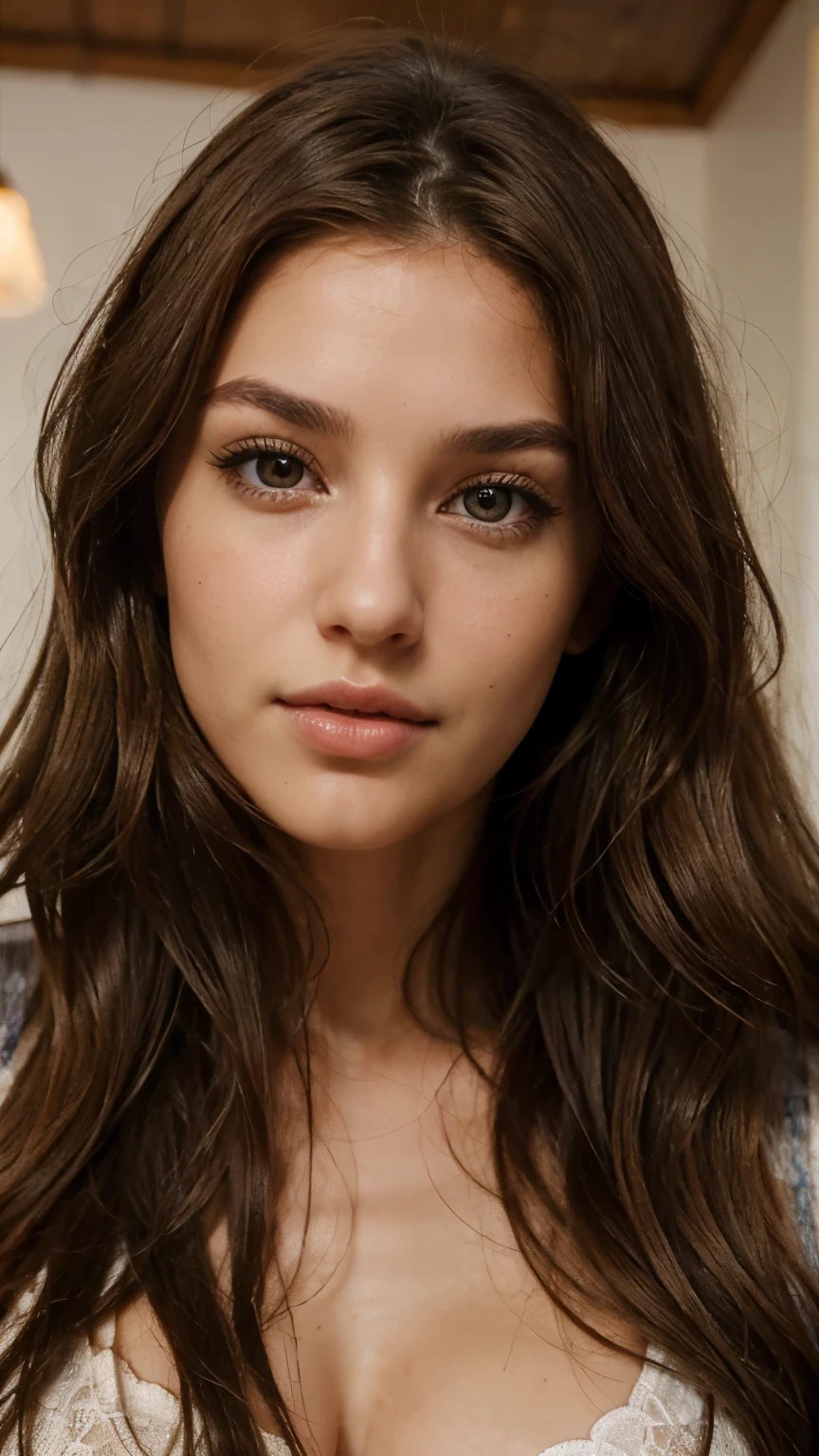 Mediterranean facial features. long, wavy, brown hair, gray eyes, perfect body, the most beautiful woman in the world, soft and big mouth, perfect nose, fatal and mesmerizing, slanted eyes, walking