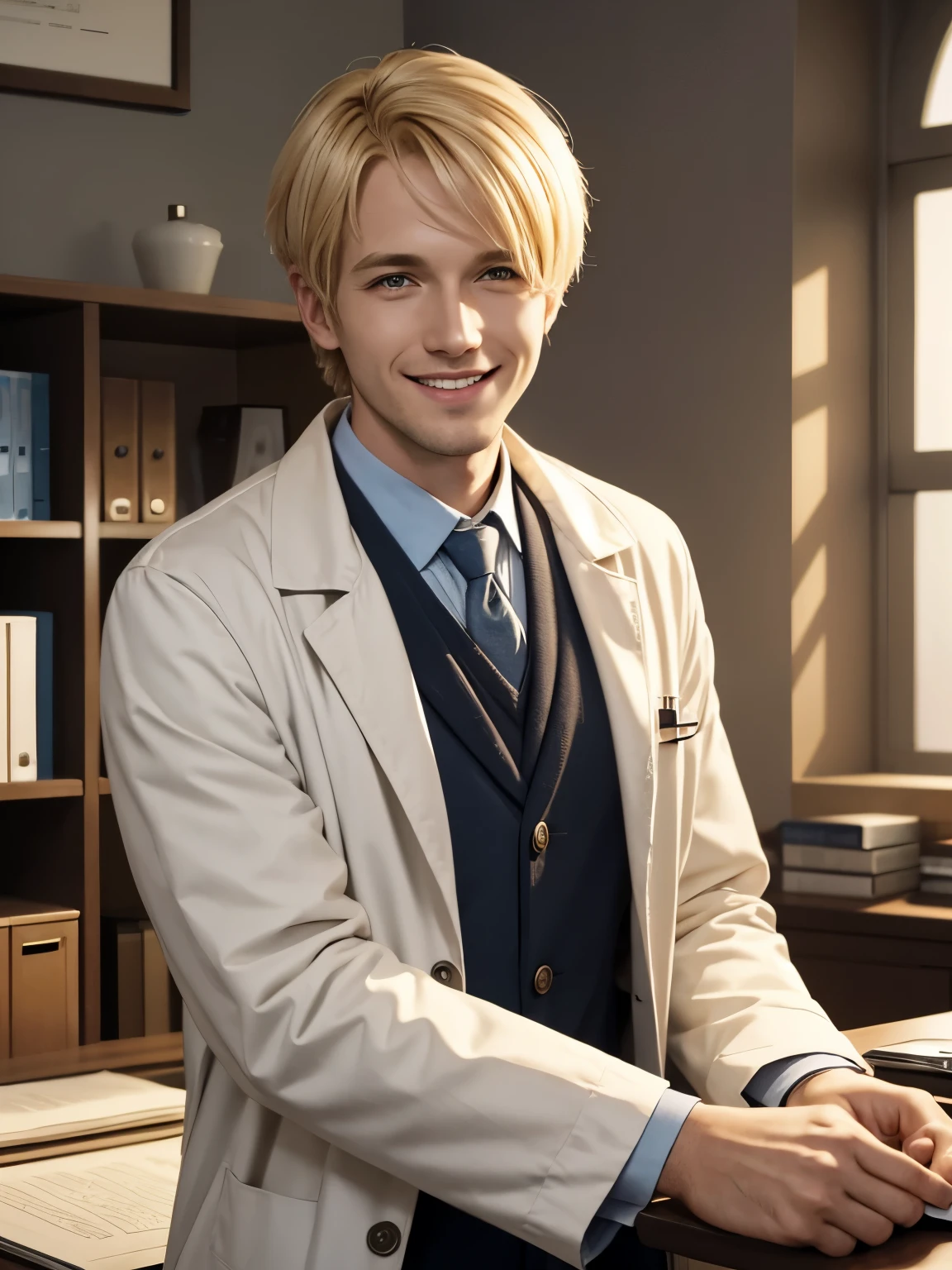 Doctor, friendly face, young, blond short hair, smiling, doctor's coat in his office, man