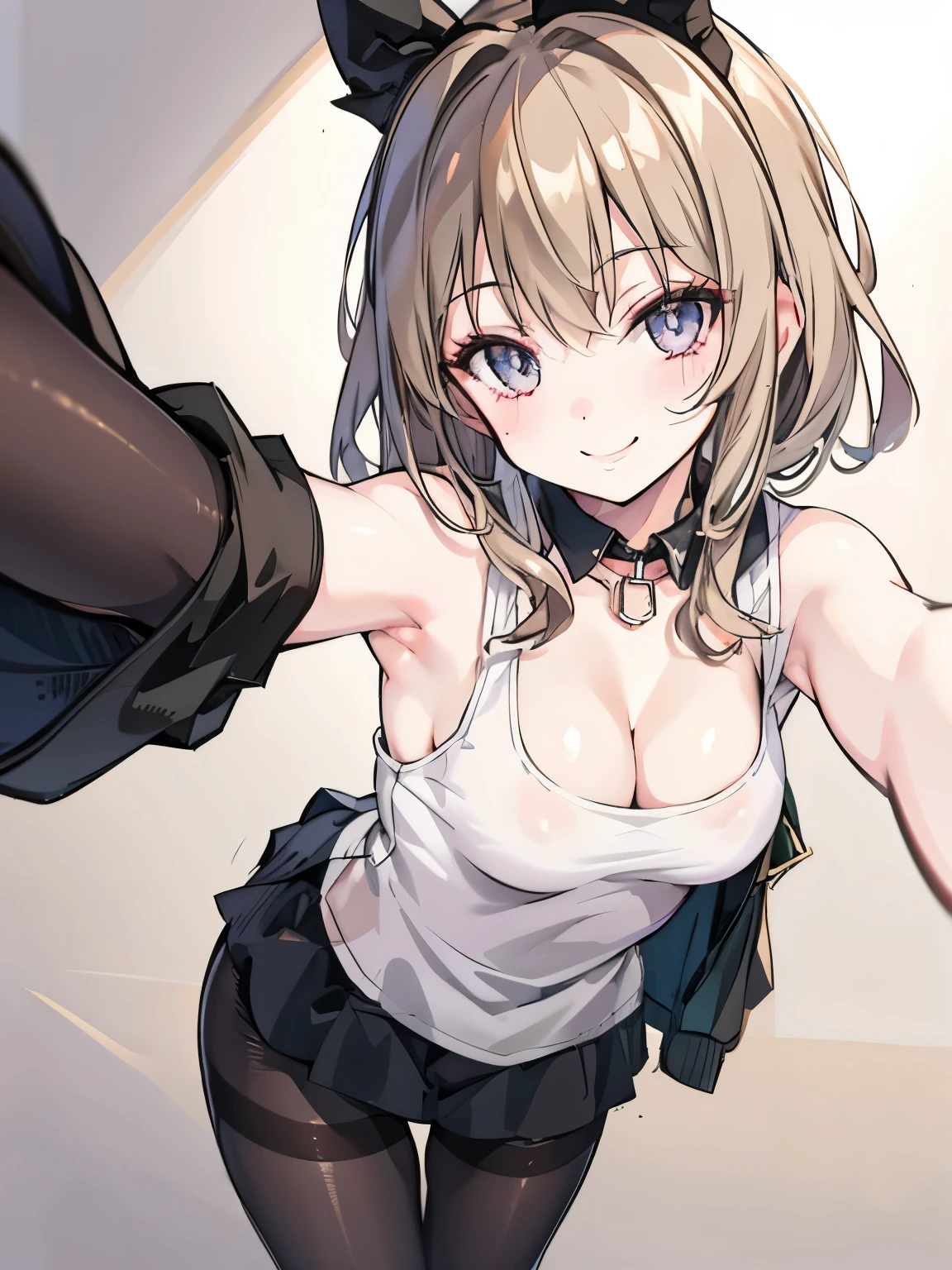 girl,Pantyhose or stockings,((selfie:1.3)),Tank top showing cleavage,((small breasts)),smile