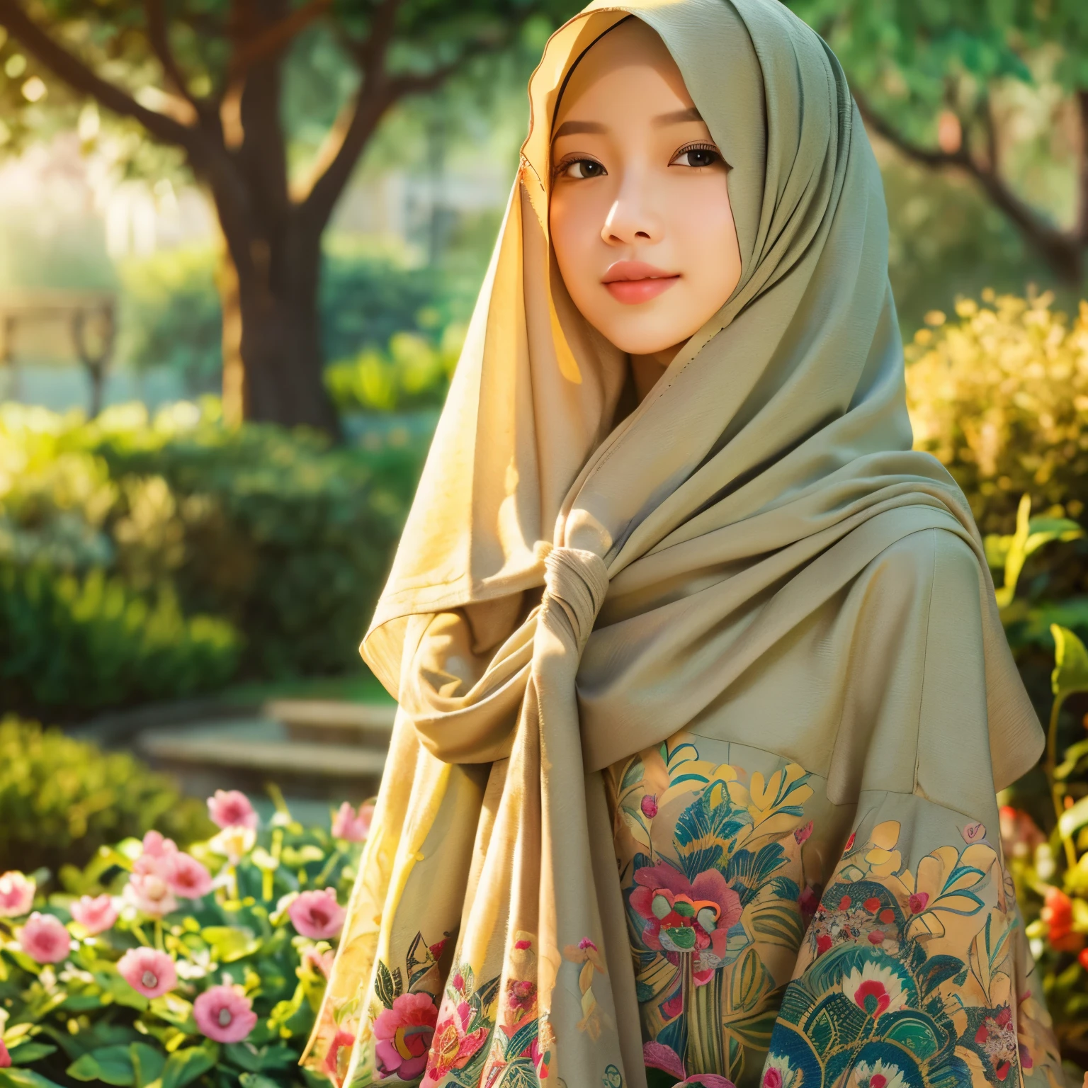 (best quality,realistic),indonesian girl in hijab standing,nike shoes,painted texture,garden background,female character,peaceful expression,vibrant colors,sunlight,soft shadows,beautiful detailed eyes,beautiful detailed lips,long eyelashes,natural pose,traditional pattern on hijab,dusk atmosphere,subtle breeze,golden hour lighting,modern fashion style,subtle smile