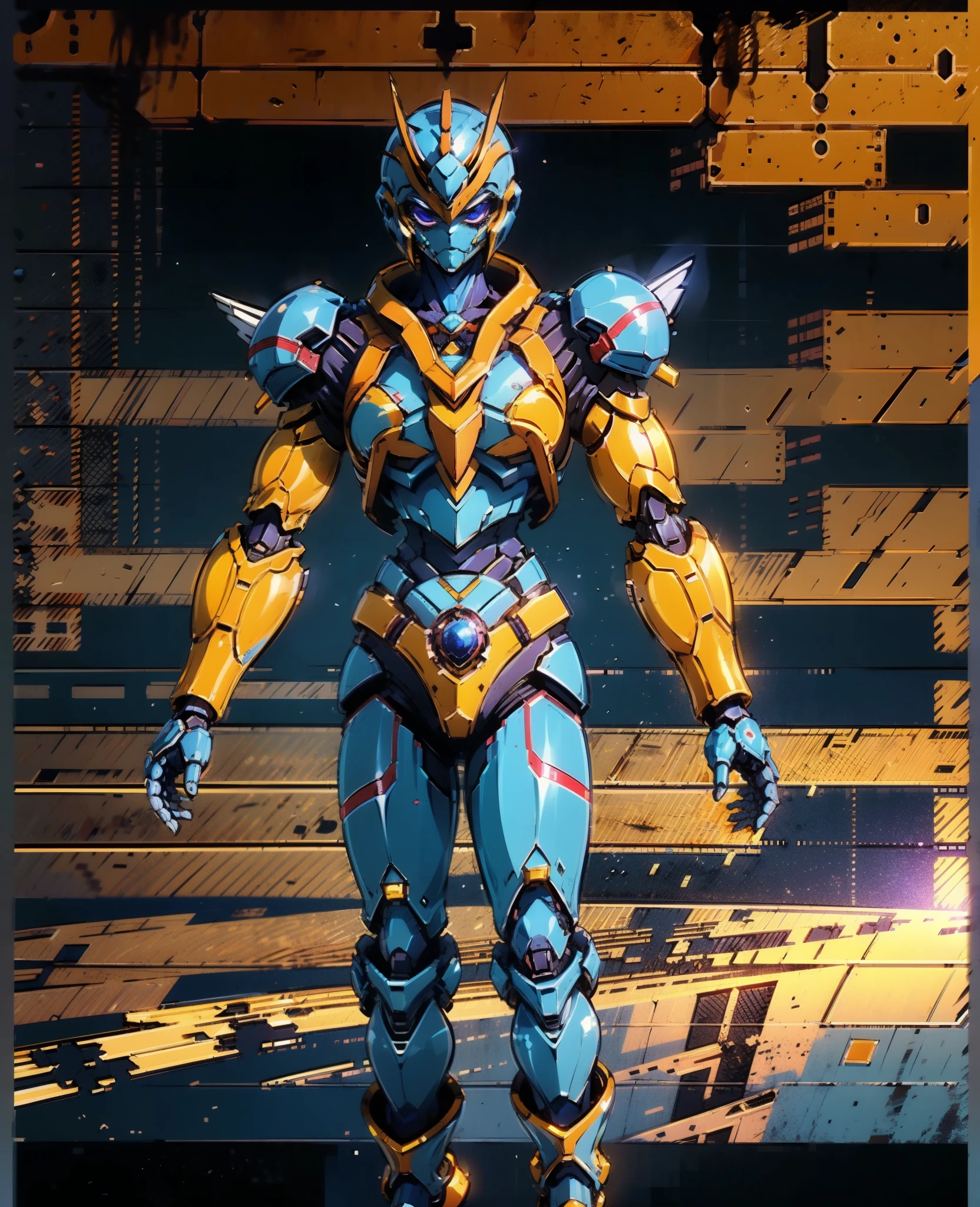 A woman adorned in fantasy-style full-body armor, a crown-concept fully enclosed helmet that unveils only her eyes, a composite layered chest plate, fully encompassing shoulder and hand guards, a lightweight waist armor, form-fitting shin guards, the overall design is heavy-duty yet flexible, (the armor gleams with a golden glow, complemented by red and blue accents), exhibiting a noble aura, she floats above a fantasy-surreal high-tech city, this character embodies a finely crafted fantasy-surreal style armored hero in anime style, exquisite and mature manga art style, (Queen Bee Concept Armor, blood), ((plasma, bio mecha, long legs, elegant, goddess, femminine:1.5)), metallic, high definition, best quality, highres, ultra-detailed, ultra-fine painting, extremely delicate, professional, anatomically correct, symmetrical face, extremely detailed eyes and face, high quality eyes, creativity, RAW photo, UHD, 32k, Natural light, cinematic lighting, masterpiece-anatomy-perfect, masterpiece:1.5