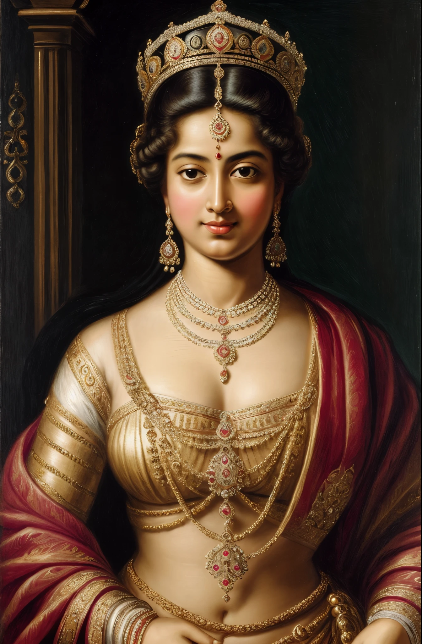 Make a painting, using inspiration from Peter Paul Rubens, of a robust, well-proportioned Indian queen who exudes strength, confidence, and regality.

Imagine a strong Indian queen who is confident in her beauty and radiates grace and authority. Show her as a representation of self-acceptance and beauty, embracing the variety of body shapes and upending preconceived notions of what constitutes beautiful.

Think about using aspects of Rubens' style, like his vibrant color scheme, dramatic lighting, and luxurious, flowing textiles. Draw attention to the queen's stunning eyes, charming smile, and poised yet kind demeanor, showcasing her inherent attractiveness.

Highlight the queen's regal clothing, which is embellished with elaborate designs, vivid hues, and pricey jewels to symbolize her heightened rank. Observe closely to the features of her traditional Indian attire.