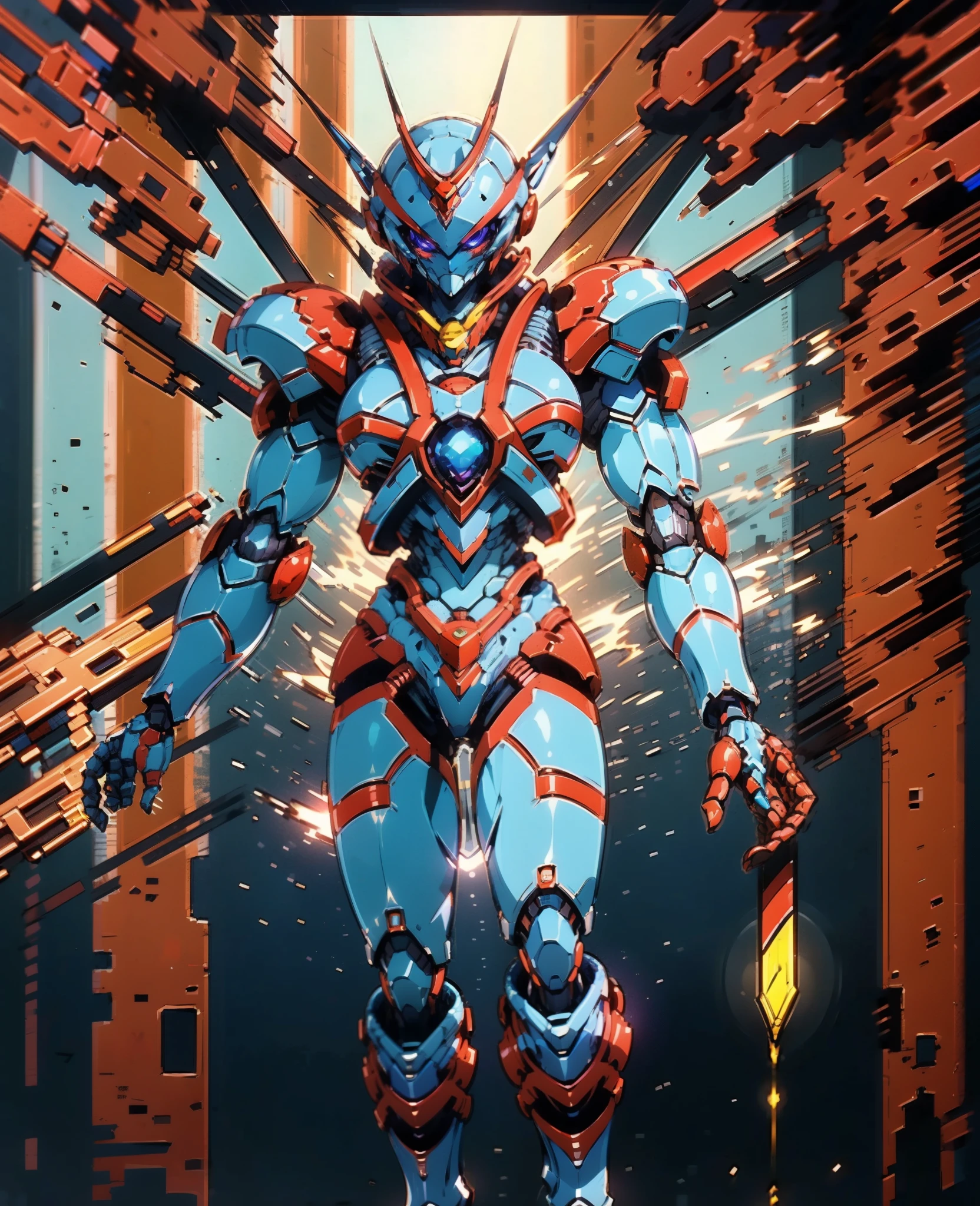 A woman adorned in fantasy-style full-body armor, a crown-concept fully enclosed helmet that unveils only her eyes, a composite layered chest plate, fully encompassing shoulder and hand guards, a lightweight waist armor, form-fitting shin guards, the overall design is heavy-duty yet flexible, (the armor gleams with a golden glow, complemented by red and blue accents), exhibiting a noble aura, she floats above a fantasy-surreal high-tech city, this character embodies a finely crafted fantasy-surreal style armored hero in anime style, exquisite and mature manga art style, (Queen Bee Concept Armor, blood), ((plasma, bio mecha, long legs, elegant, goddess, femminine:1.5)), metallic, high definition, best quality, highres, ultra-detailed, ultra-fine painting, extremely delicate, professional, anatomically correct, symmetrical face, extremely detailed eyes and face, high quality eyes, creativity, RAW photo, UHD, 32k, Natural light, cinematic lighting, masterpiece-anatomy-perfect, masterpiece:1.5