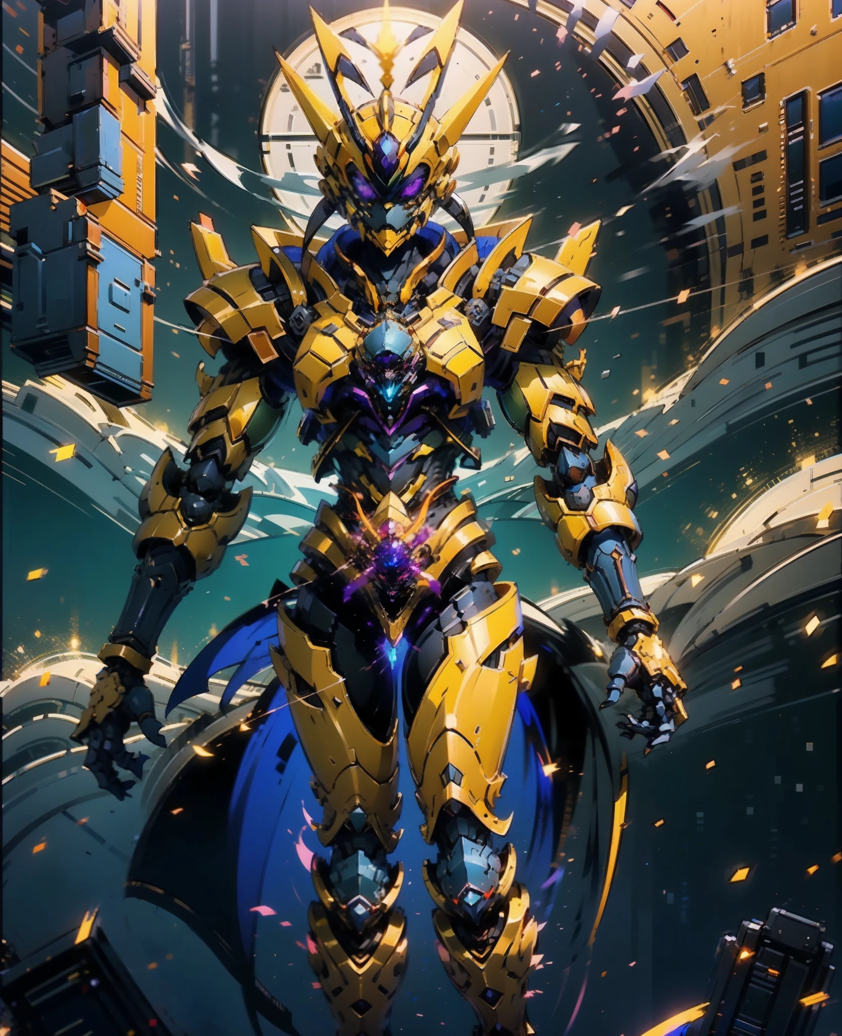 A woman adorned in fantasy-style full-body armor, a crown-concept fully enclosed helmet that unveils only her eyes, a composite layered chest plate, fully encompassing shoulder and hand guards, a lightweight waist armor, form-fitting shin guards, the overall design is heavy-duty yet flexible, (the armor gleams with a golden glow, complemented by red and blue accents), exhibiting a noble aura, she floats above a fantasy-surreal high-tech city, this character embodies a finely crafted fantasy-surreal style armored hero in anime style, exquisite and mature manga art style, (Queen Bee Concept Armor, blood), ((plasma, bio mecha, long legs, elegant, goddess, femminine:1.5)), metallic, high definition, best quality, highres, ultra-detailed, ultra-fine painting, extremely delicate, professional, anatomically correct, symmetrical face, extremely detailed eyes and face, high quality eyes, creativity, RAW photo, UHD, 32k, Natural light, cinematic lighting, masterpiece-anatomy-perfect, masterpiece:1.5