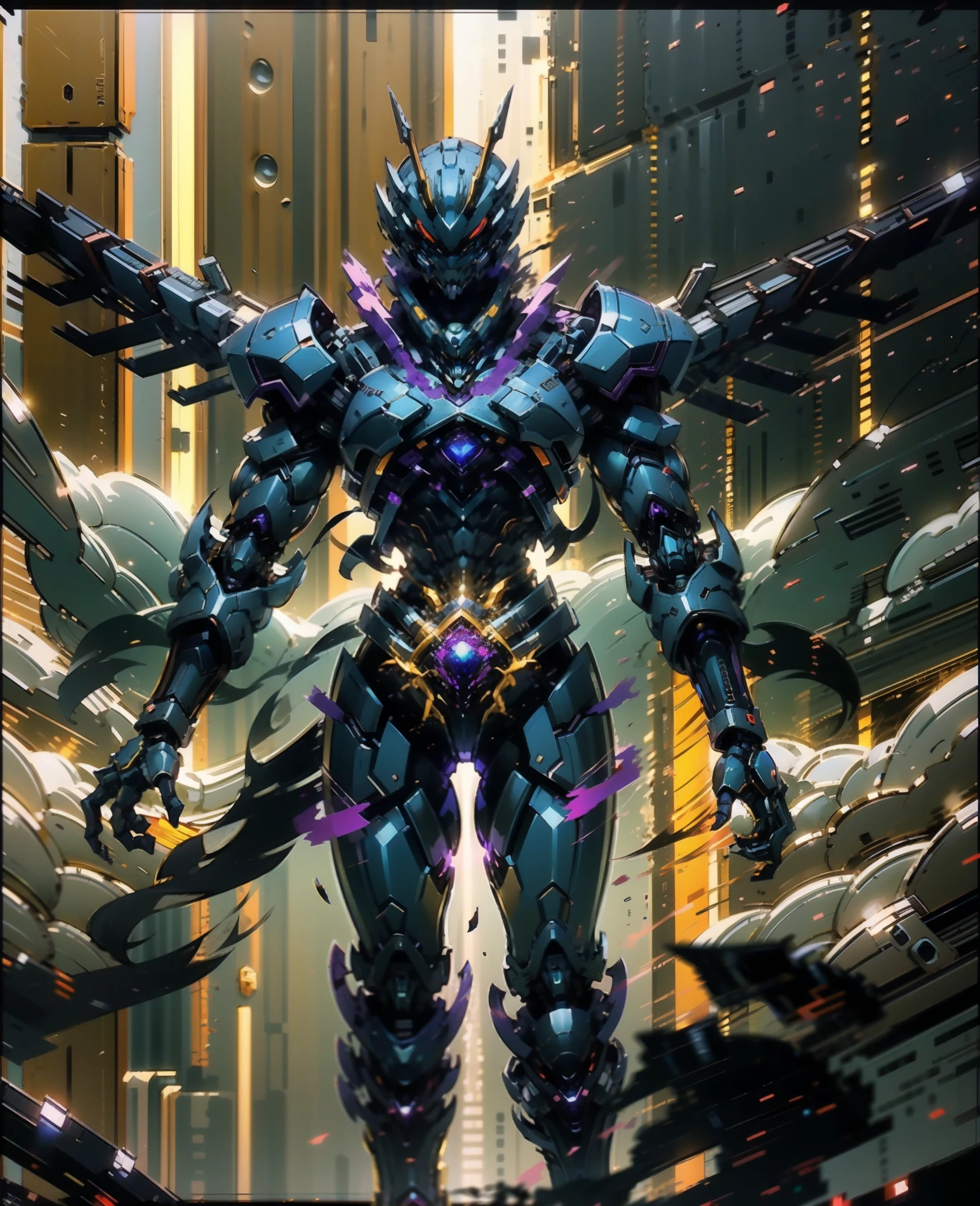 A woman adorned in fantasy-style full-body armor, a crown-concept fully enclosed helmet that unveils only her eyes, a composite layered chest plate, fully encompassing shoulder and hand guards, a lightweight waist armor, form-fitting shin guards, the overall design is heavy-duty yet flexible, (the armor gleams with a golden glow, complemented by red and blue accents), exhibiting a noble aura, she floats above a fantasy-surreal high-tech city, this character embodies a finely crafted fantasy-surreal style armored hero in anime style, exquisite and mature manga art style, (Queen Bee Concept Armor, blood), ((plasma, bio mecha, long legs, elegant, goddess, femminine:1.5)), metallic, high definition, best quality, highres, ultra-detailed, ultra-fine painting, extremely delicate, professional, anatomically correct, symmetrical face, extremely detailed eyes and face, high quality eyes, creativity, RAW photo, UHD, 32k, Natural light, cinematic lighting, masterpiece-anatomy-perfect, masterpiece:1.5