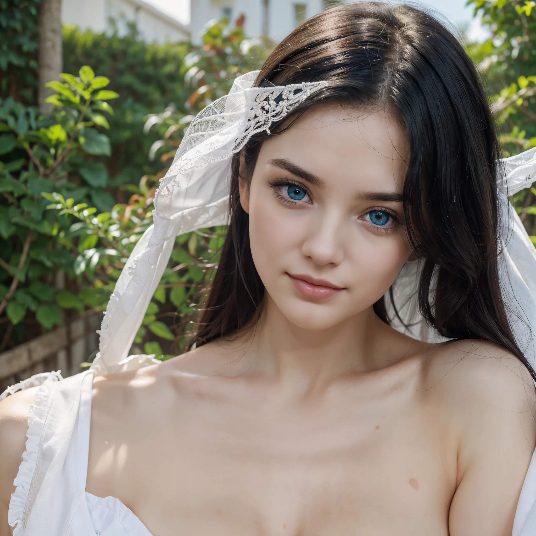 woman, beautiful face, perfect face, blue eyes fully black hair, pale white skin, little smile, sexy, perfect, emerald