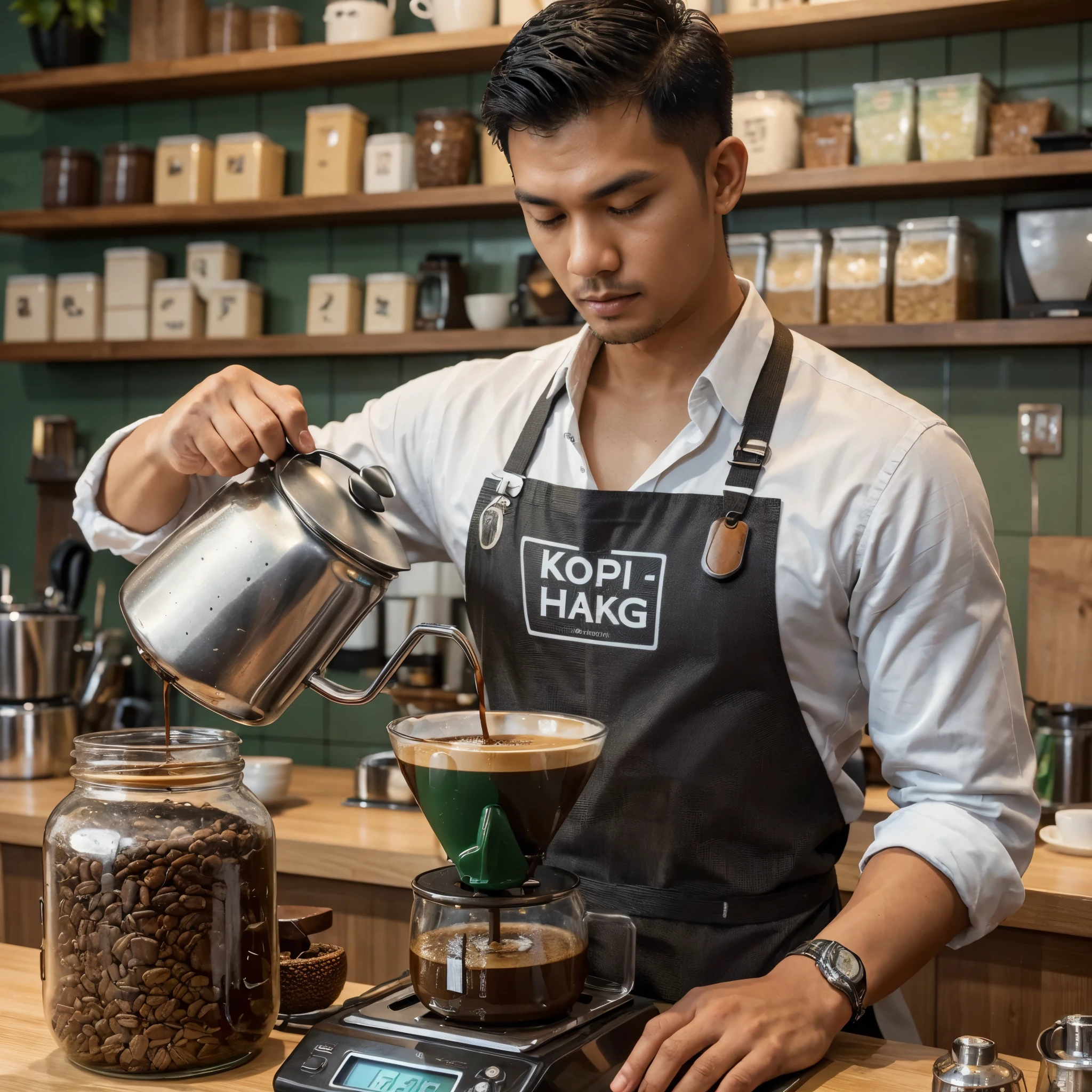 Professional photo of handsome Indonesian man with short hair wearing a white shirt and black apron with the text "KOPI HALU" is pouring hot water from a kettle into a green coffee dripper which is being weighed on a digital scale. The background is a counter with various items including two filled glass jars coffee beans, a small glass container with a spoon, and other coffee making equipment in the background.In the background, there are shelves containing various items and other coffee making machines. The setting looks like a well-lit modern coffee shop. SONY Alpha 7C 2, ultra wide photoshoot