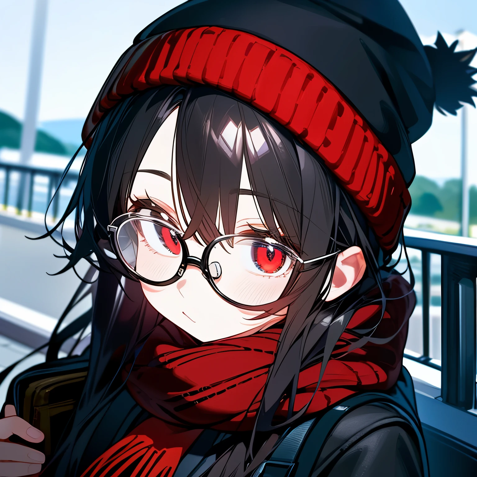 (masterpiece), best quality, expressive eyes, perfect face, red eye, black beanie, fluffy cut black hair, black scarf, tool bag black, black school sweater, short skirt, Round Glasses Black, park, close up