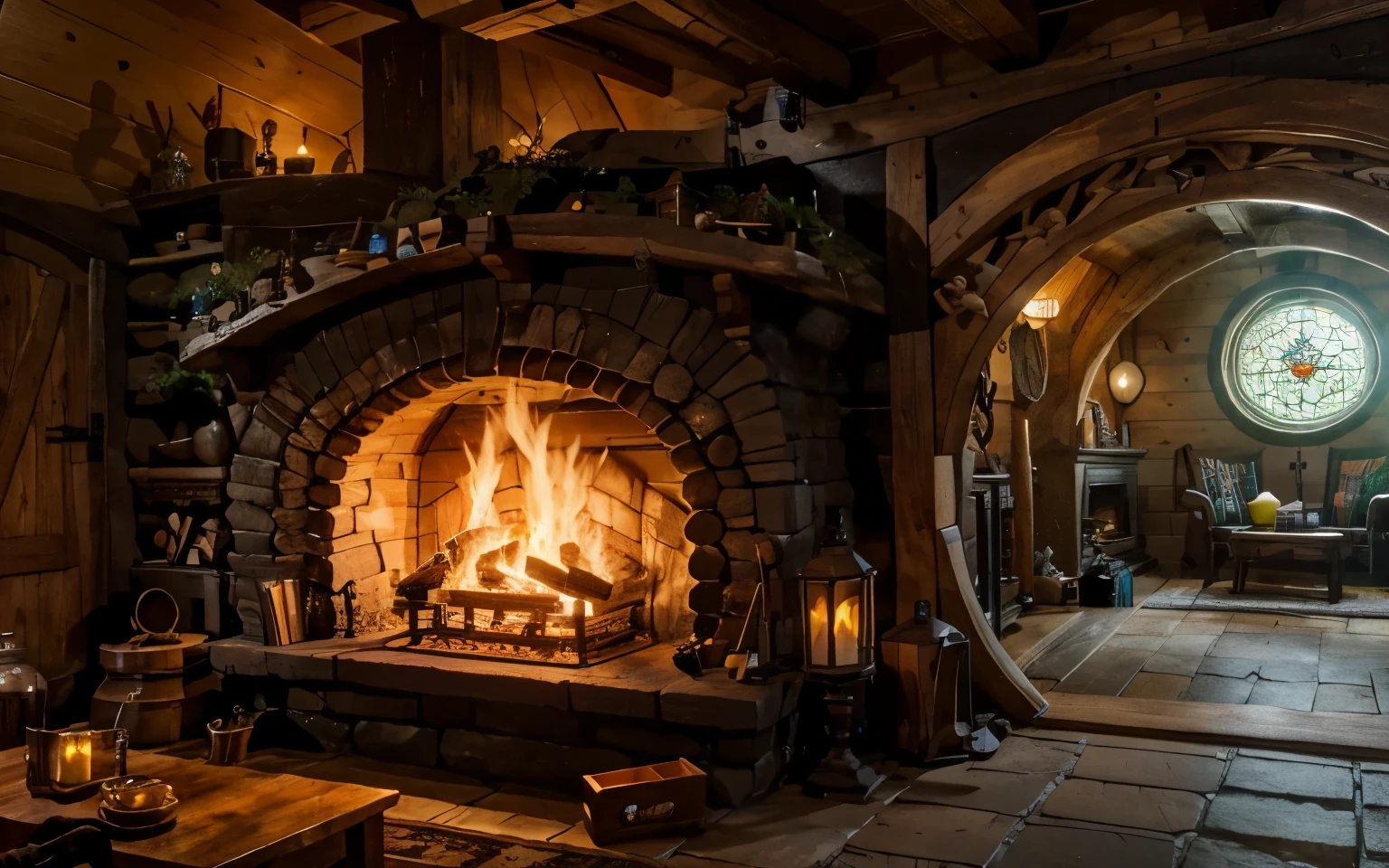 large fireplace at hobbit wooden house. A room full of objects, and at the end, a pretty stained glass, a room of detailed objects (DO IT BETTER, MORE DETAILED)