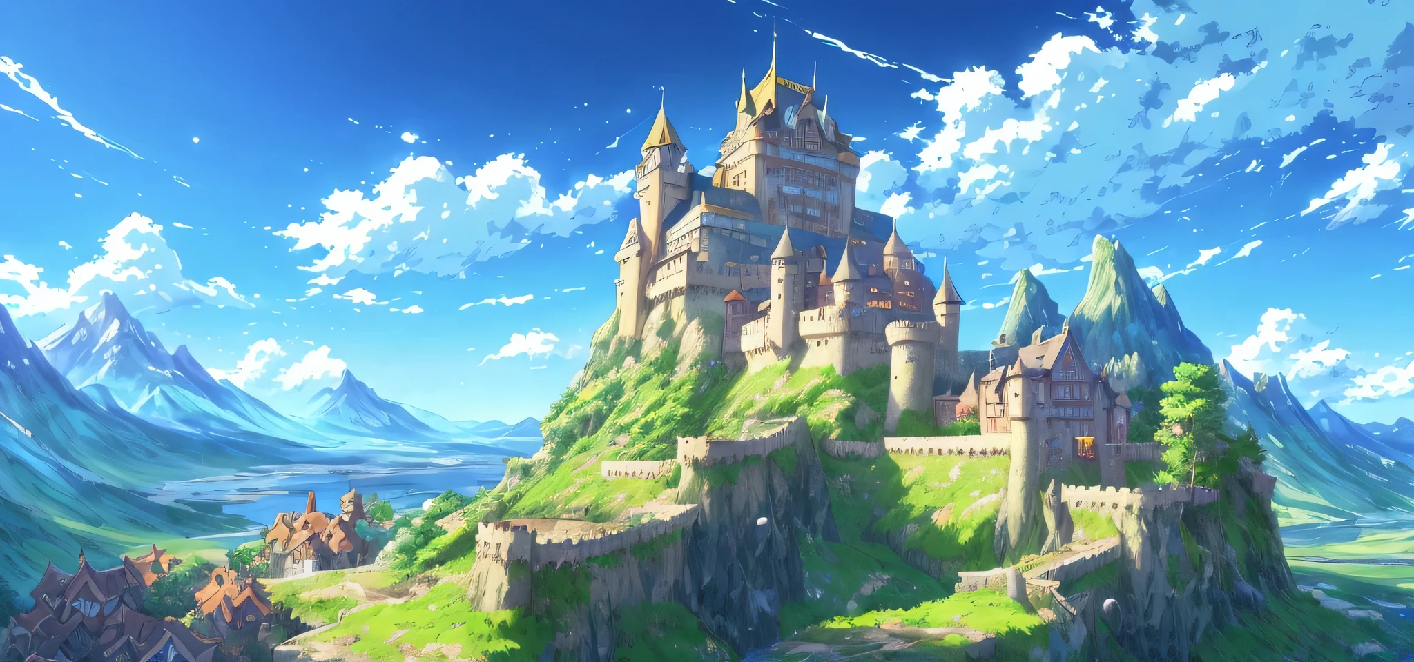 Painting of a castle in the mountains, anime landscape wallpapers, Anime fantasy mmorpg world, beautiful fantasy anime, 2. 5 D CGI anime fantasy artwork, mountain fortress city, amazing wallpapers, Anime fantasy illustration, anime countryside landscape, beautiful anime scenery, colorful anime movie background, high quality desktop wallpaper, Anime art wallpaper 4k, Anime background art