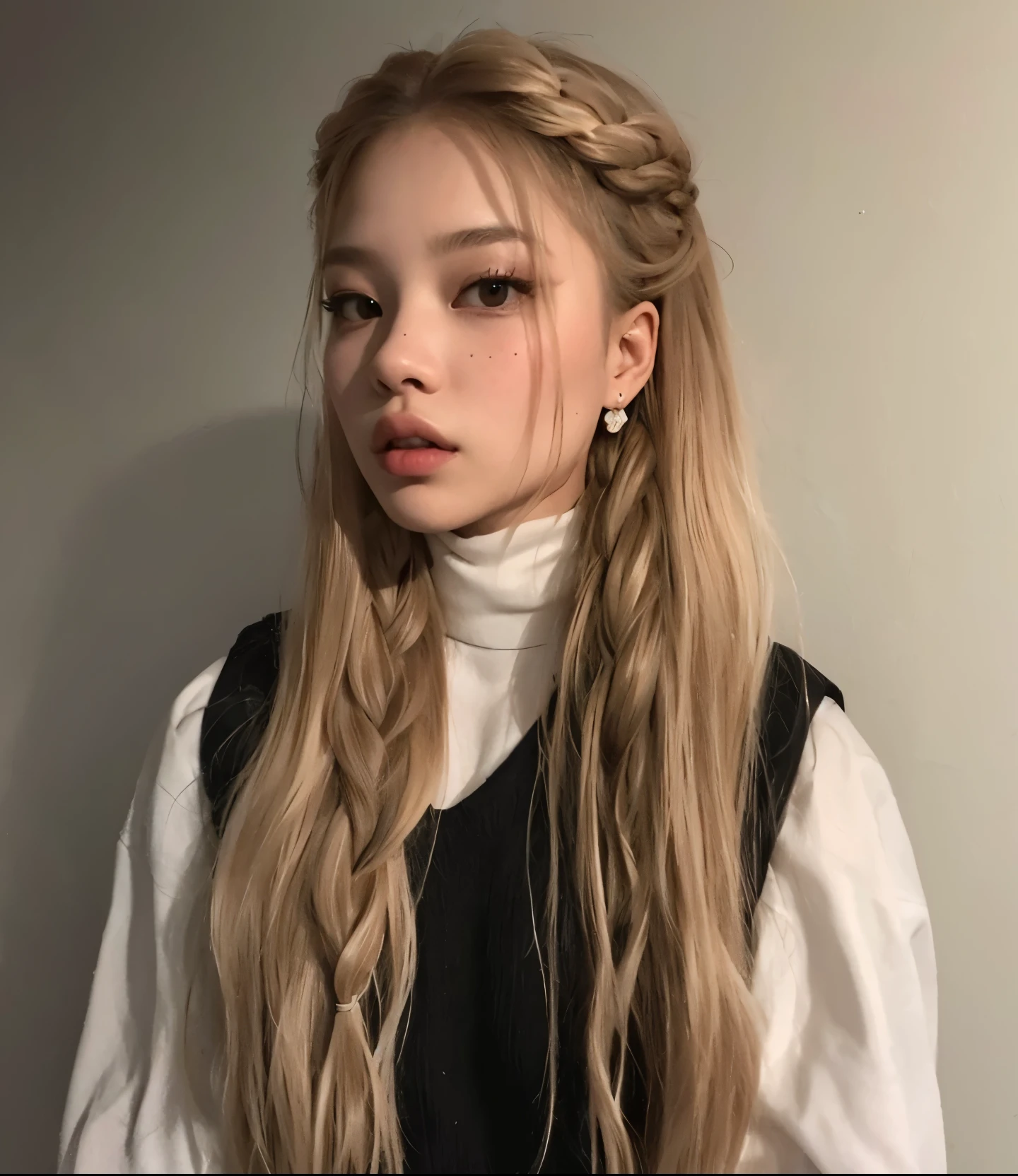 um close up de uma mulher com longos cabelos loiros usando um colete preto, Kim Jennie aka Jennie from Blackpink, uma garota com cabelo loiro, blonde hair with braids, Jennie Kim, ela parece uma mistura de sujeira, 🤤 retrato de , estilo de julia razumova, retrato de Kim Jennie, Blackpink