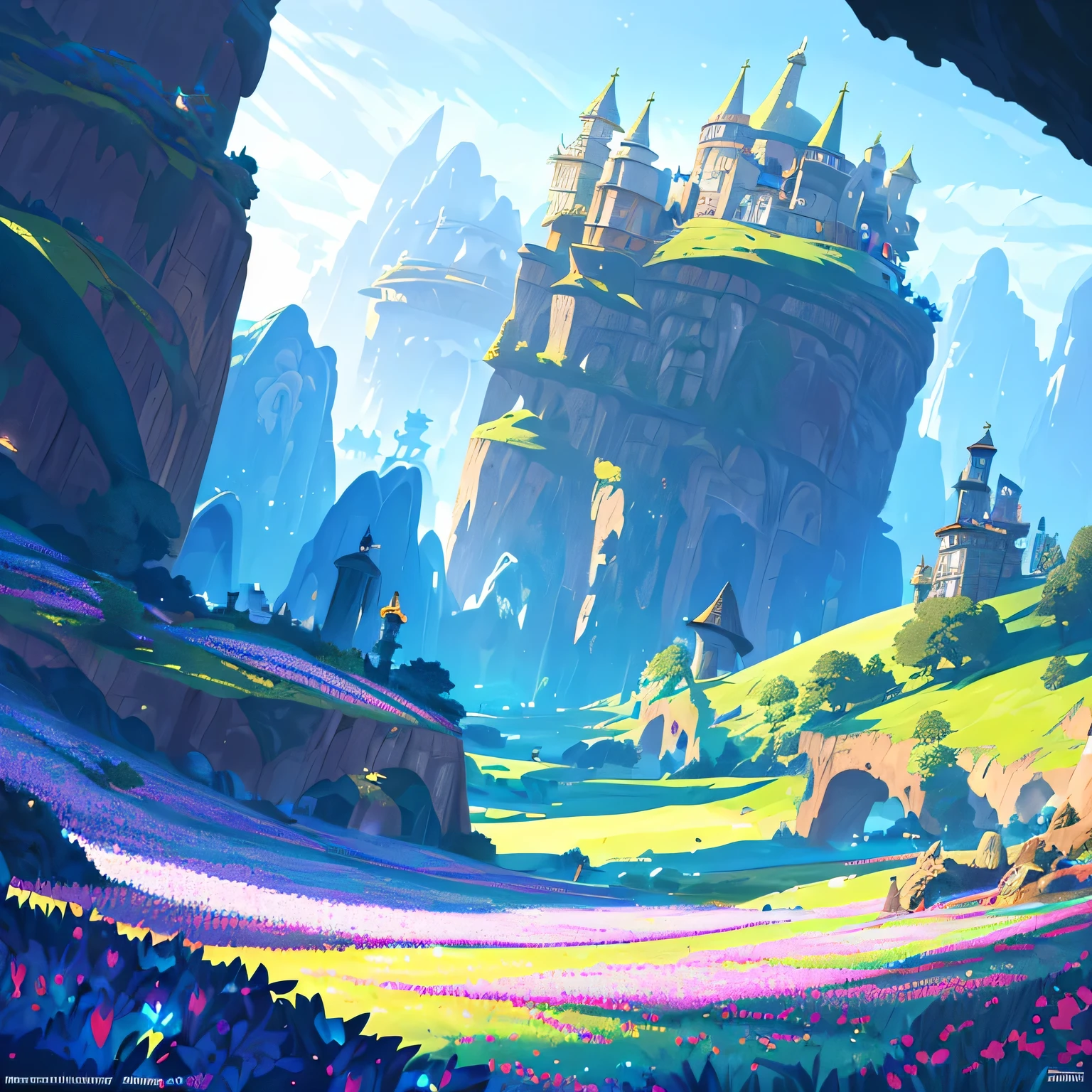 award winning photo, ((masterpiece,best quality)), absurdres, Vivid_Setting, no humans, scenery, cinematic composition, landspace drawing, environment, background illustration, fantasy, futuristic castle in a traditional era, flower, grass, outdoor, architecture, blue sky,,