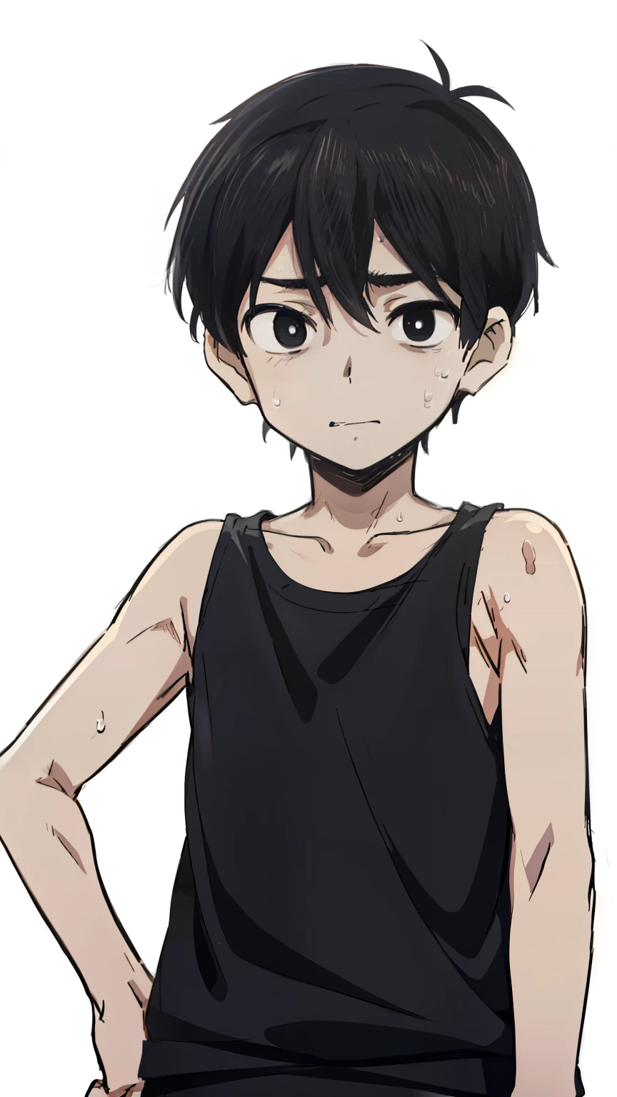 Highres, Masterpiece, Best quality at best,Best Quality,hight quality, hight detailed, Anime style, (s),Omori, Black hair, Tank top, Shy, body full of sweat, Simple beckground, (very young boy), (very small and short body)