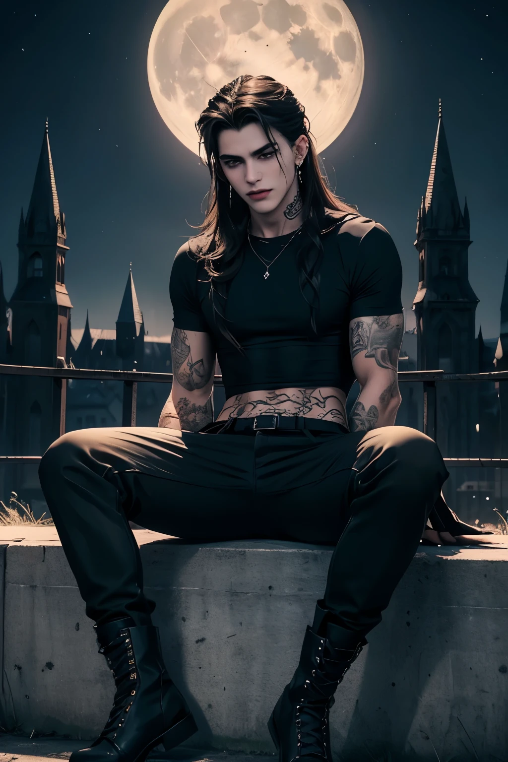 ((Best quality)), ((masterpiece)), (detailed), ((perfect face)), ((halfbody)) perfect proporcions, He is a handsome vampire, he is 18 years old, he has long wavy brown hair, white skin, abs and marked hips, he wears a black T-shirt and tight pants, badass, He wears combat boots, he has gothic makeup, long hair, piercings and tattoos, there is a full moon behind him, night sky in the background ((perfect face)) fullbody+, there is a full place behind him, night sky in the background ((perfect face)) fullbody+