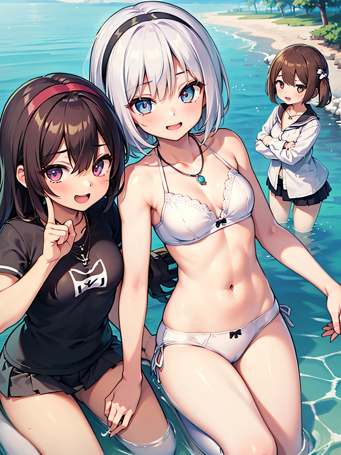 ((highest quality)), ((masterpiece)), (pretty girl), (multiple girls:1.8), cute girls are posing for a camera outdoors in the water, shirtをつかむ, stand side by side, perfect face, smile, (open your mouth and smile:1.3), embarrassed look, (precise fingers:1.3), hair band, head band, hair bobble, blouse, shirt, I can see your underwear, (pastel colored underwear), high resolution eyes, accurate eye, (high resolution eyes:1.8), (High definition finger 1.8), light smile, small chest, chest, realistic, 4years old, s old, 6 year 7 years old,socks, short skirt, Asian, blue eyes, silver hair, brown hair, blonde, belly button, jewelry, looking at the viewer, necklace, water, , Wet, long hair, short hair, abs,