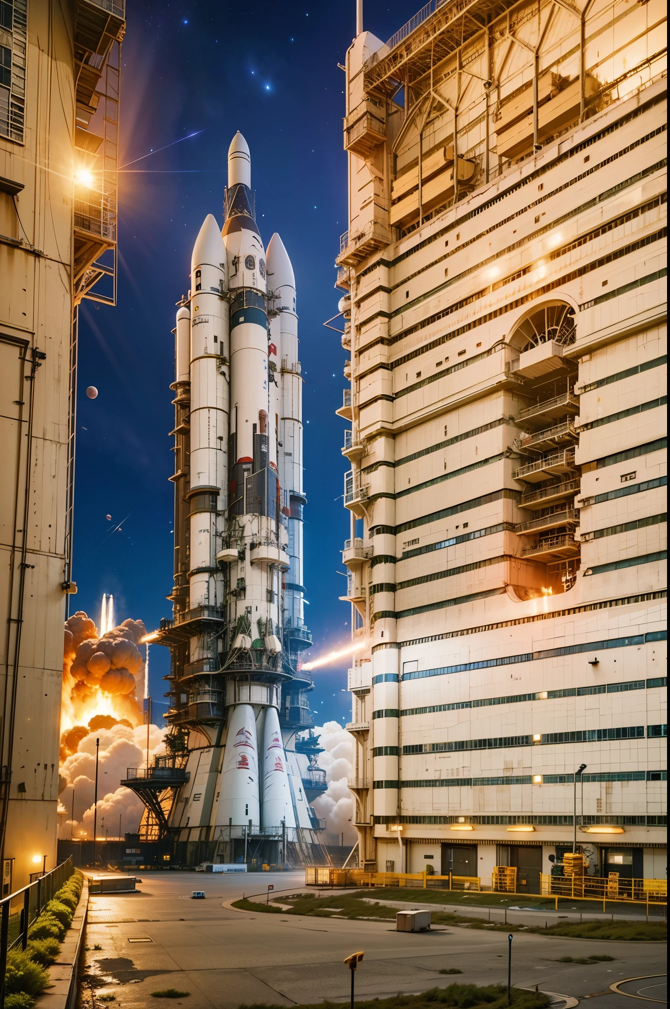 there is a tall rocket ready to launch, surrounding structures, cape canaveral, space launch complex, engine smoke, liftoff, hyperdetailed, photography, octane render, 4k