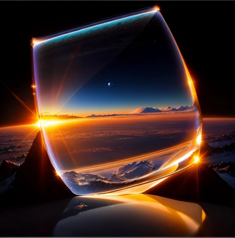 Change this glass background, sun rise, moon rise, ice hill, mountains,The planet Saturn in the sky, 8k