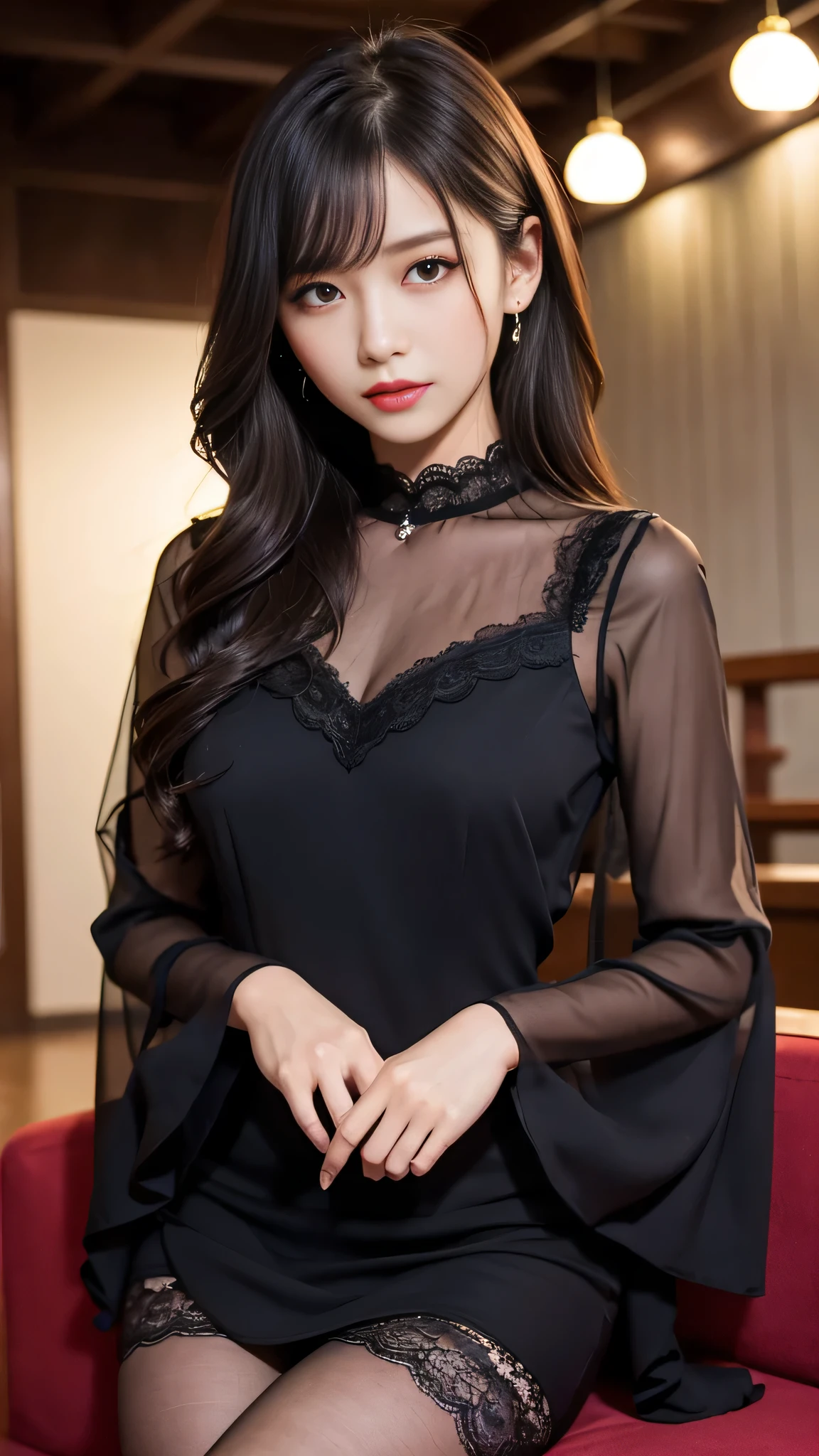 Super detailed、Japanese、charming beauty、seductive adult woman、Dainty woman、sharp eyes、cool girl、wavy hair、suit、Black chiffon、lacy fabric、wide sleeve、wearing a lace insert dress、white blouse、Tight Skirt、skin color pantyhose、Shiny legs、evilの幹部、evil depravity、brainwashing、Mind control、lipstick、grin、邪evilなな表情、evil、empty eyes、邪evilな、Church at night、reach out